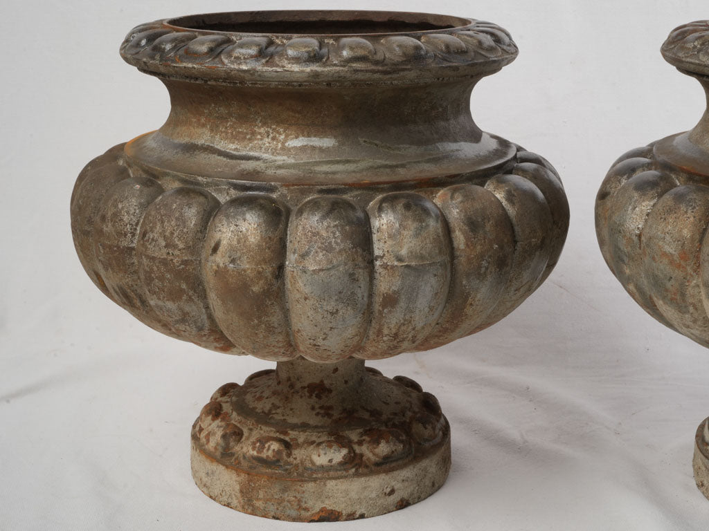 Pair of Late 19th Century French Cast-Iron Gadrooned Garden Urns - 17"