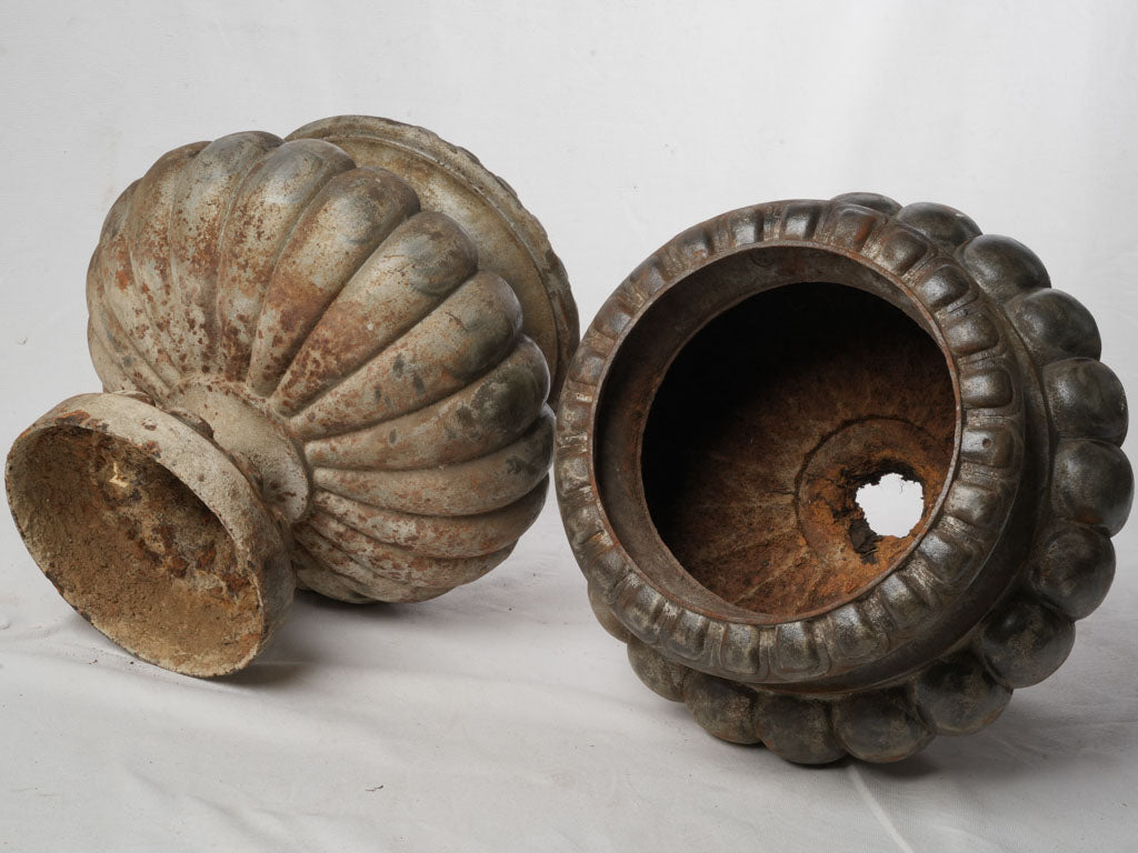 Pair of Late 19th Century French Cast-Iron Gadrooned Garden Urns - 17"