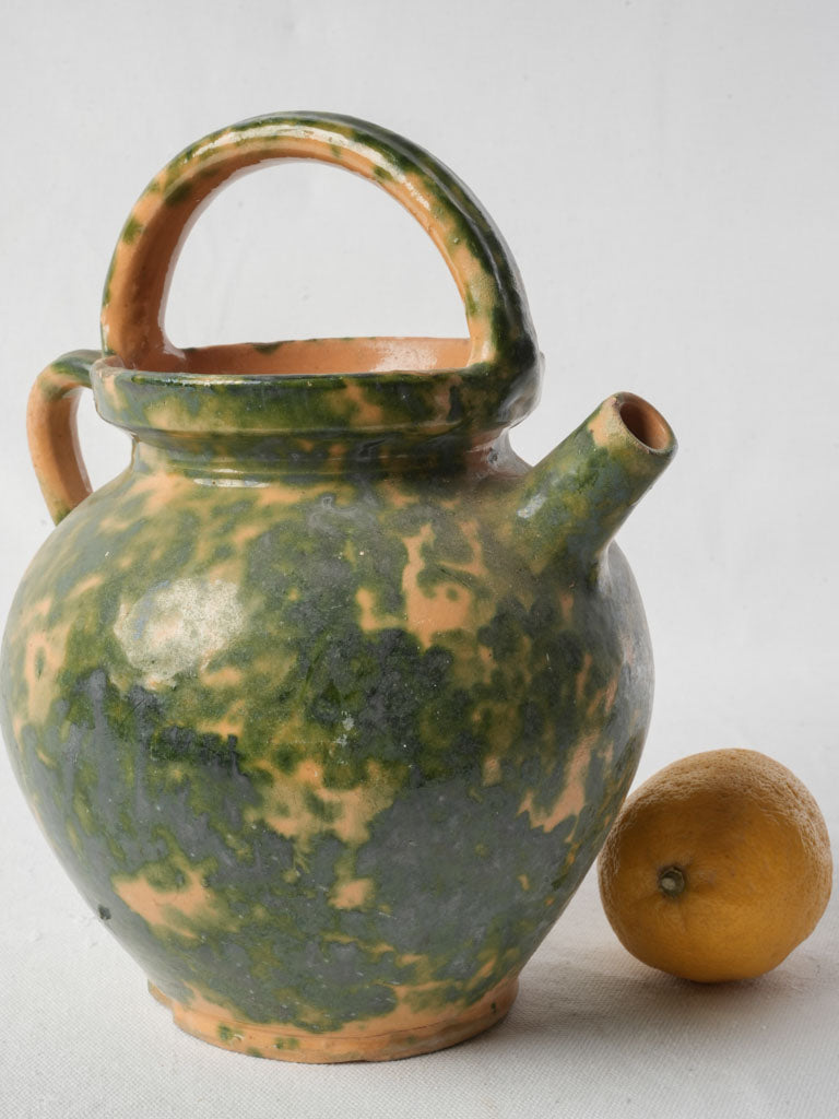 French Rustic Green Speckled Glazed Terracotta Water Jug - 11"