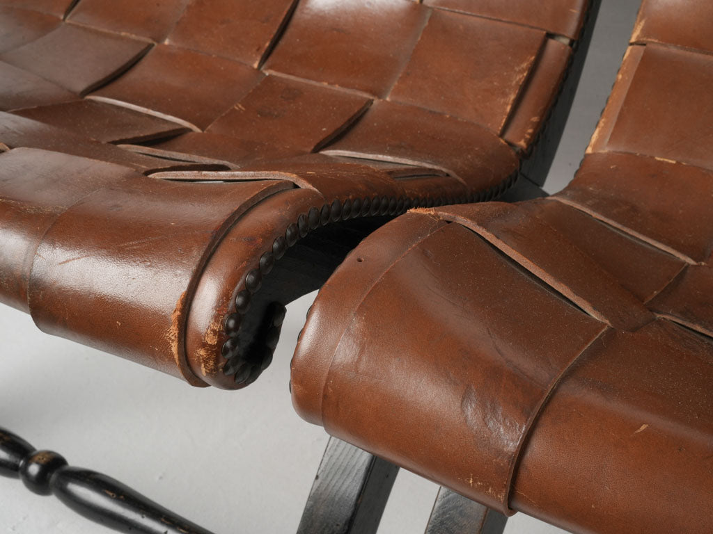 Classic Brown Leather Strap Slipper Chairs
