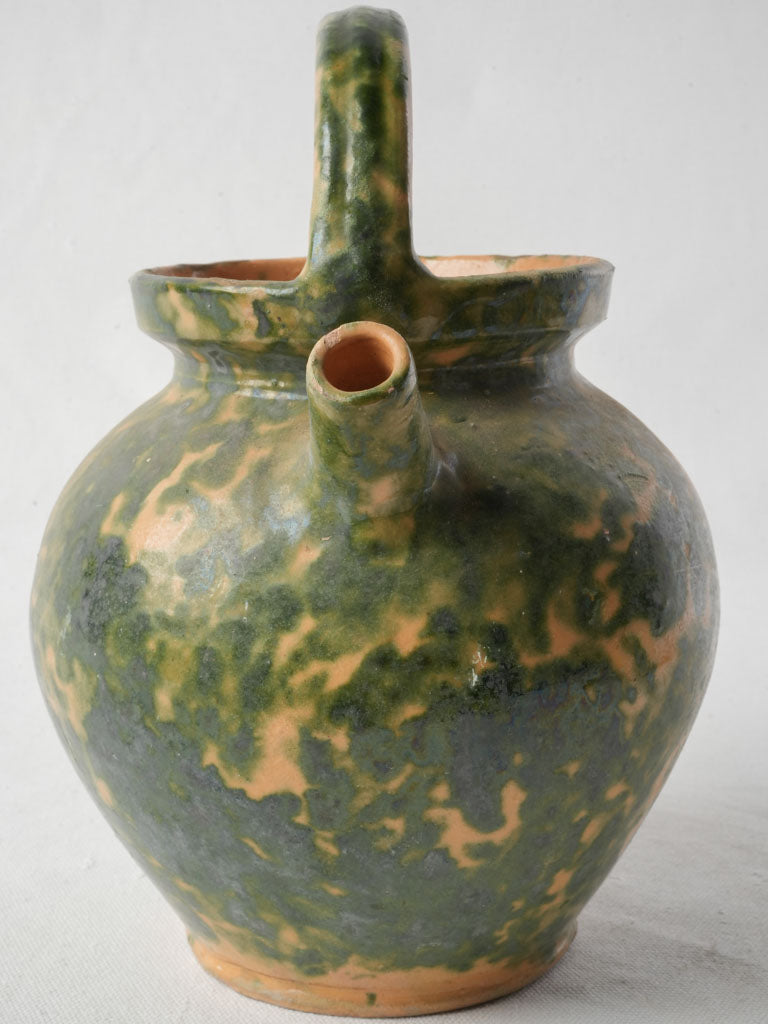 French Rustic Green Speckled Glazed Terracotta Water Jug - 11"
