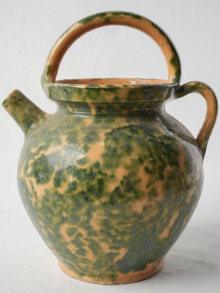 French Rustic Green Speckled Glazed Terracotta Water Jug - 11"
