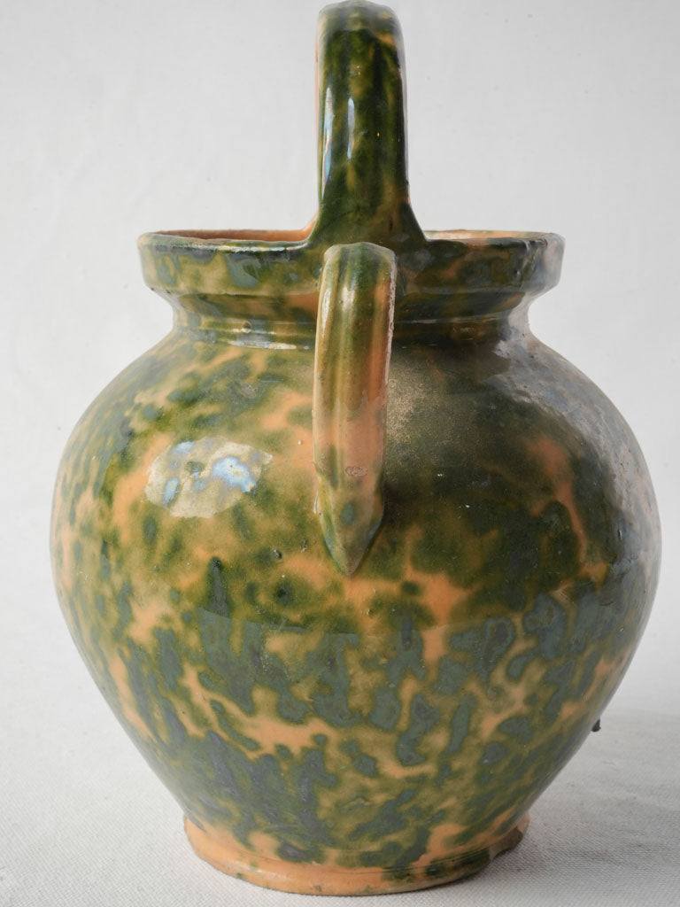 French Rustic Green Speckled Glazed Terracotta Water Jug - 11"