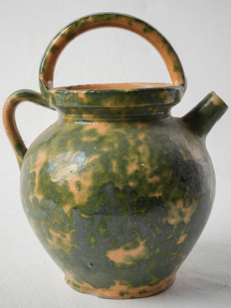 French Rustic Green Speckled Glazed Terracotta Water Jug - 11"