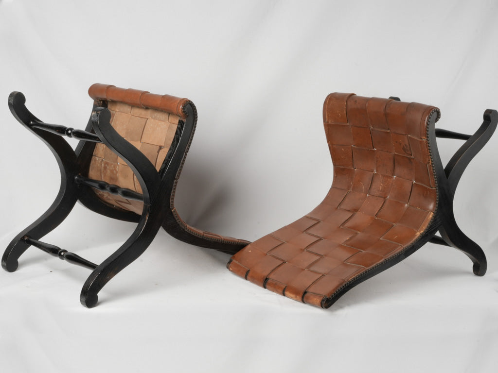 Brown Leather Strapped Neoclassical Slipper Chairs