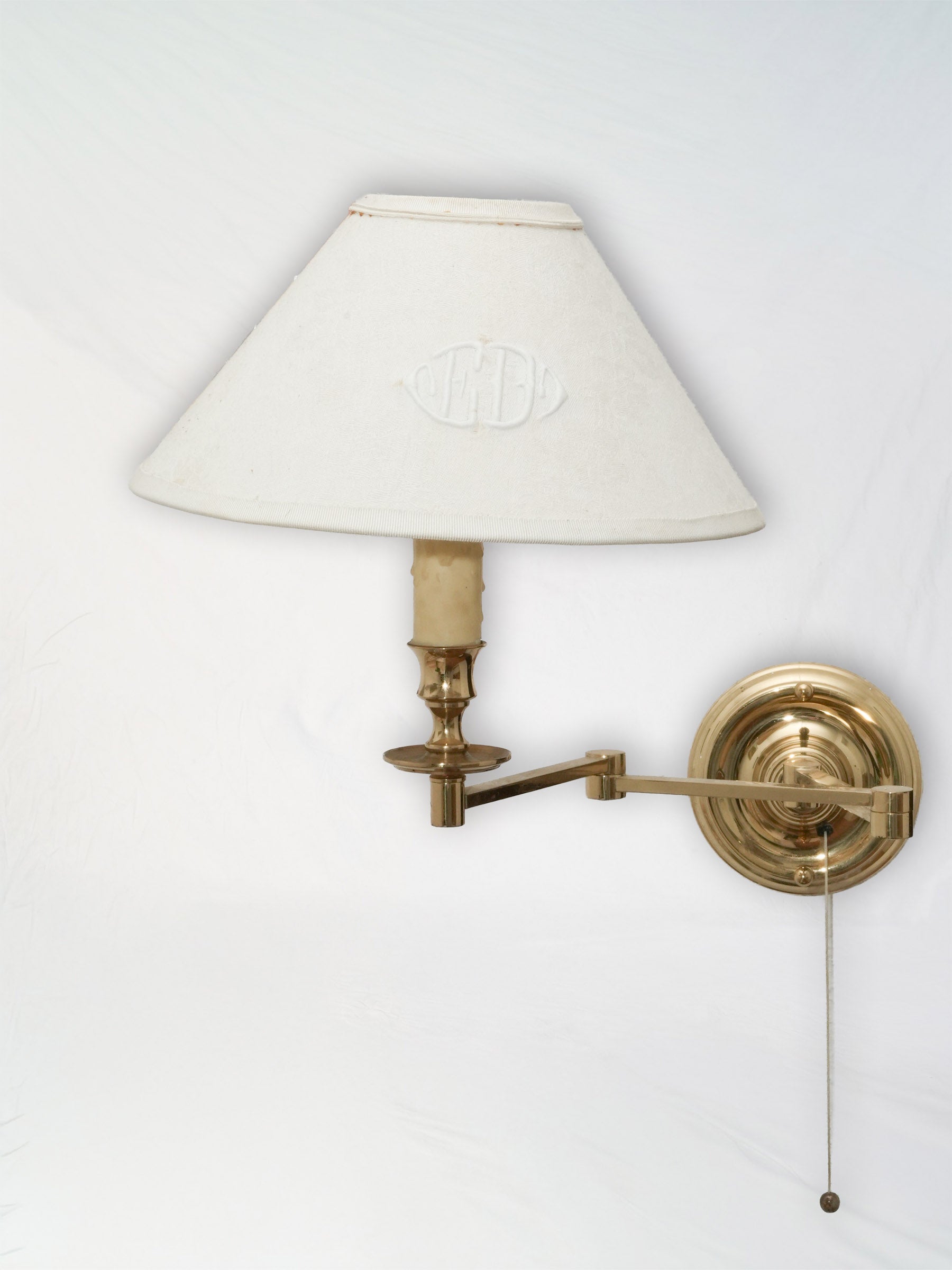 Vintage Adjustable Brass Wall Sconce w/ Monogrammed Shade