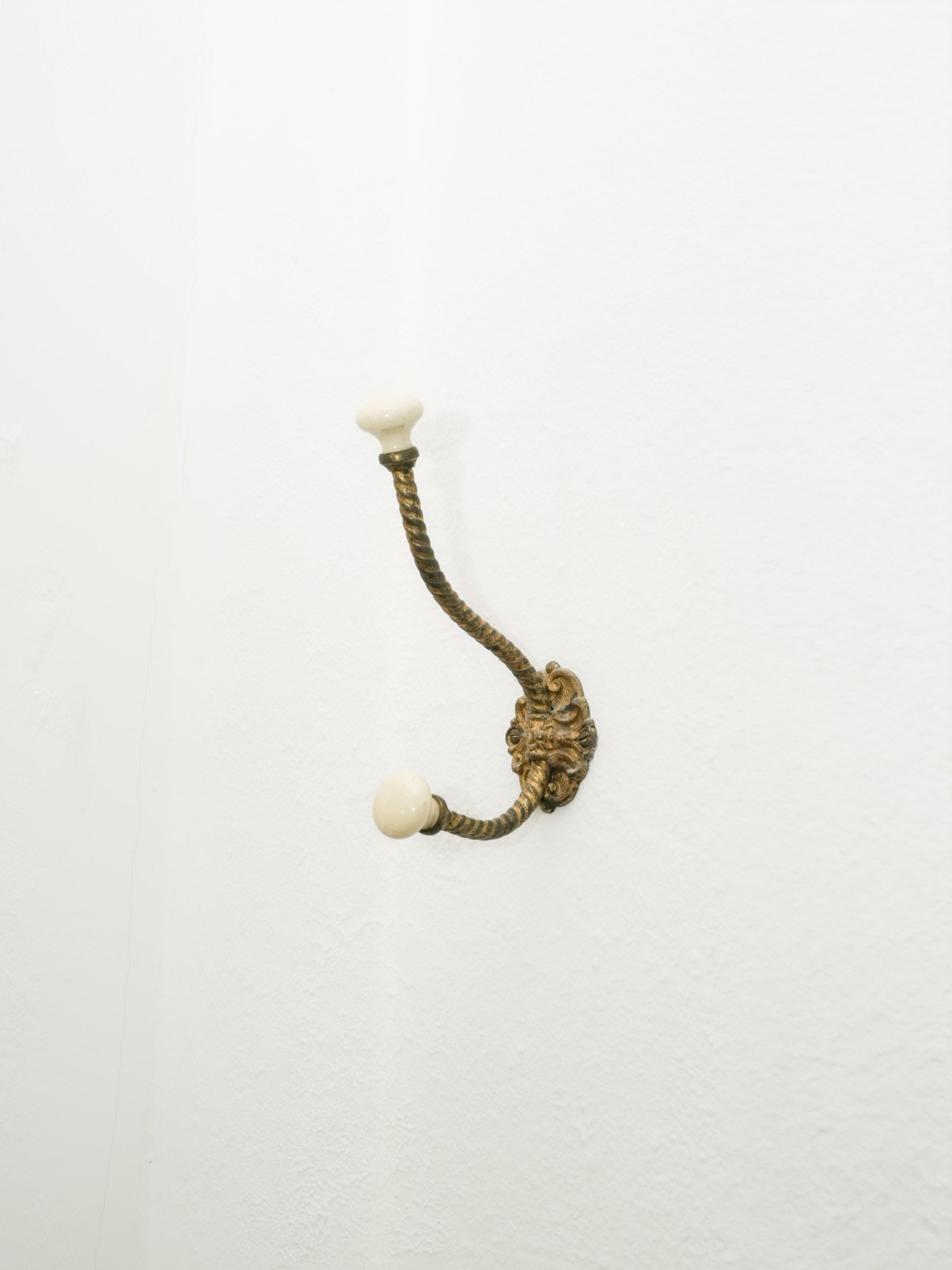 Brass Wall Hook with Porcelain Tips and Foliate Mount