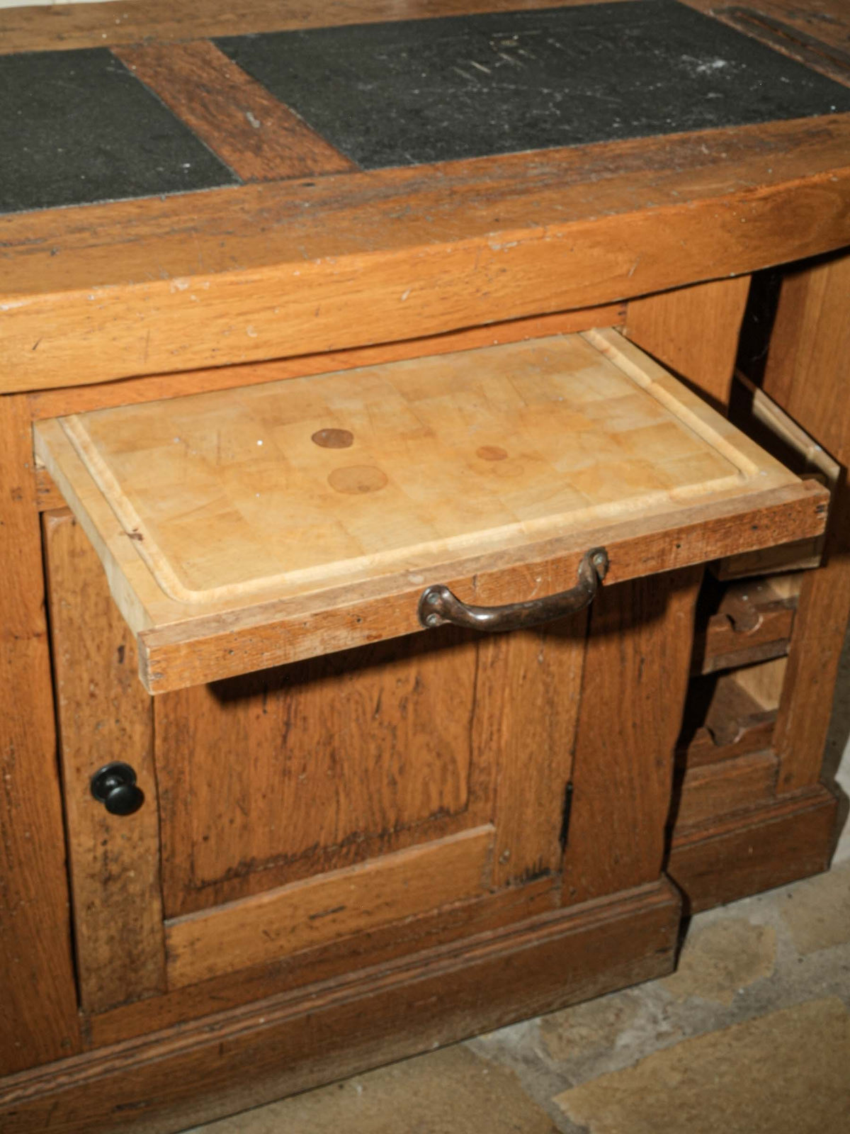 Pine Kitchen Island with Slate Top and Cupboard Storage
