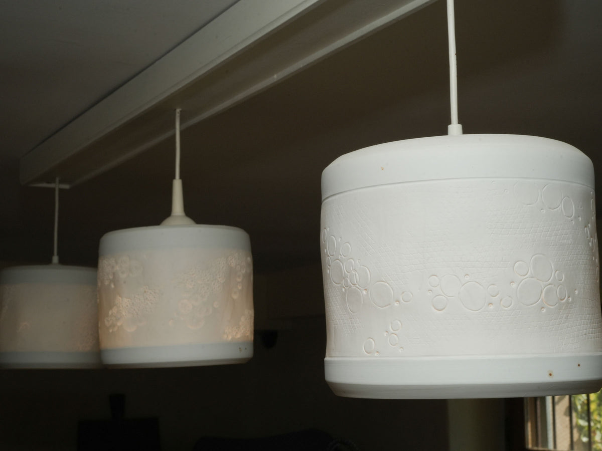 Three Handmade Porcelain Pendant Light Fixtures with Botanical Impressions 13" x 8"