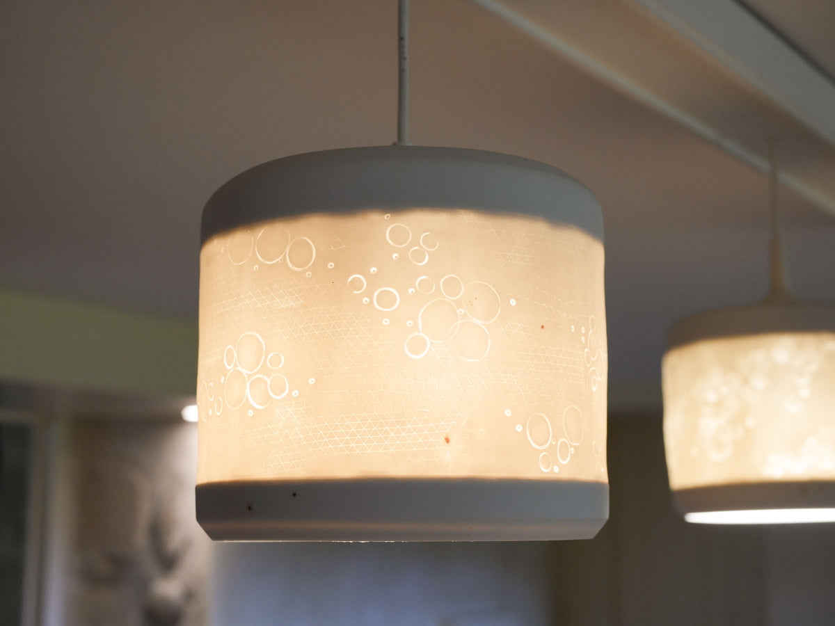 Three Handmade Porcelain Pendant Light Fixtures with Botanical Impressions 13" x 8"