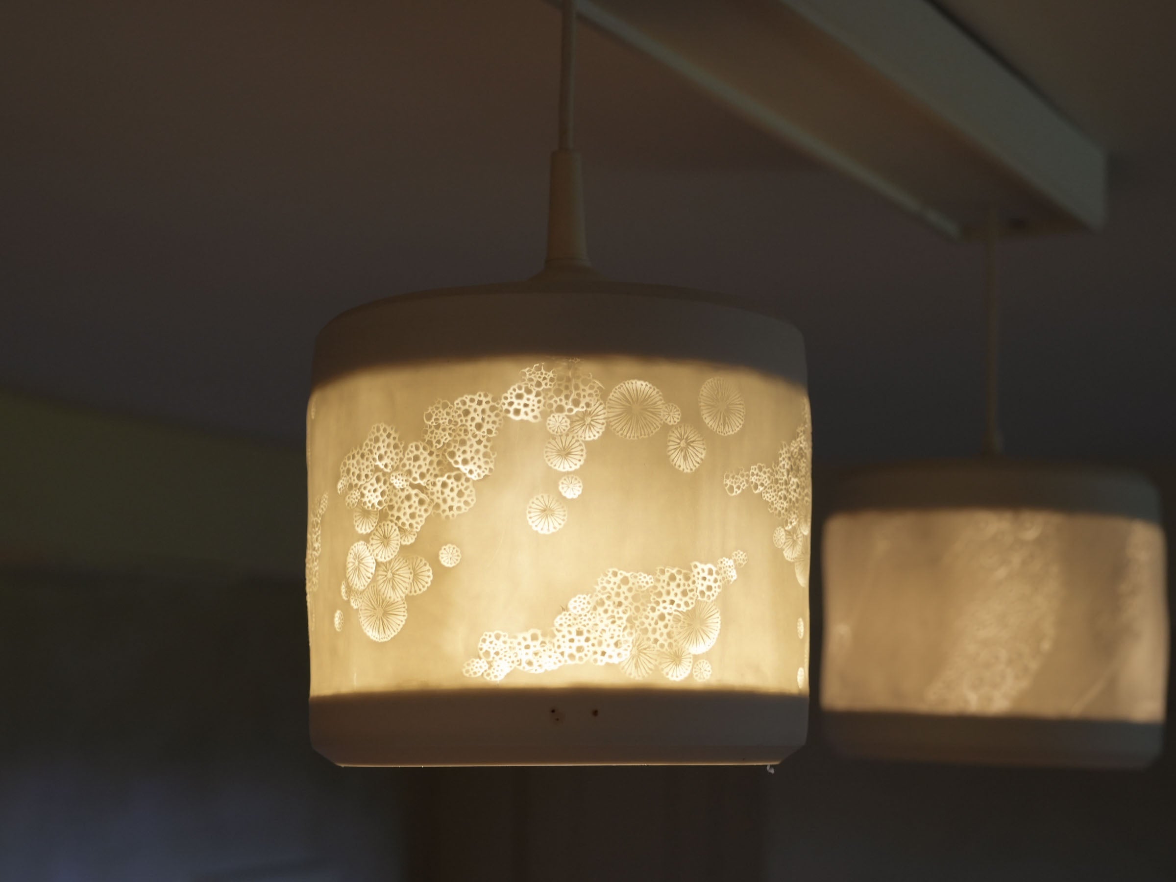 Three Handmade Porcelain Pendant Light Fixtures with Botanical Impressions 13" x 8"