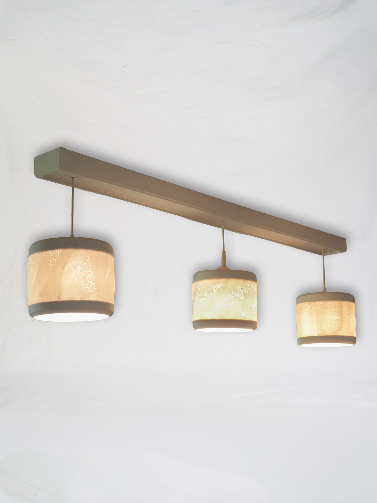 Three Handmade Porcelain Pendant Light Fixtures with Botanical Impressions 13" x 8"
