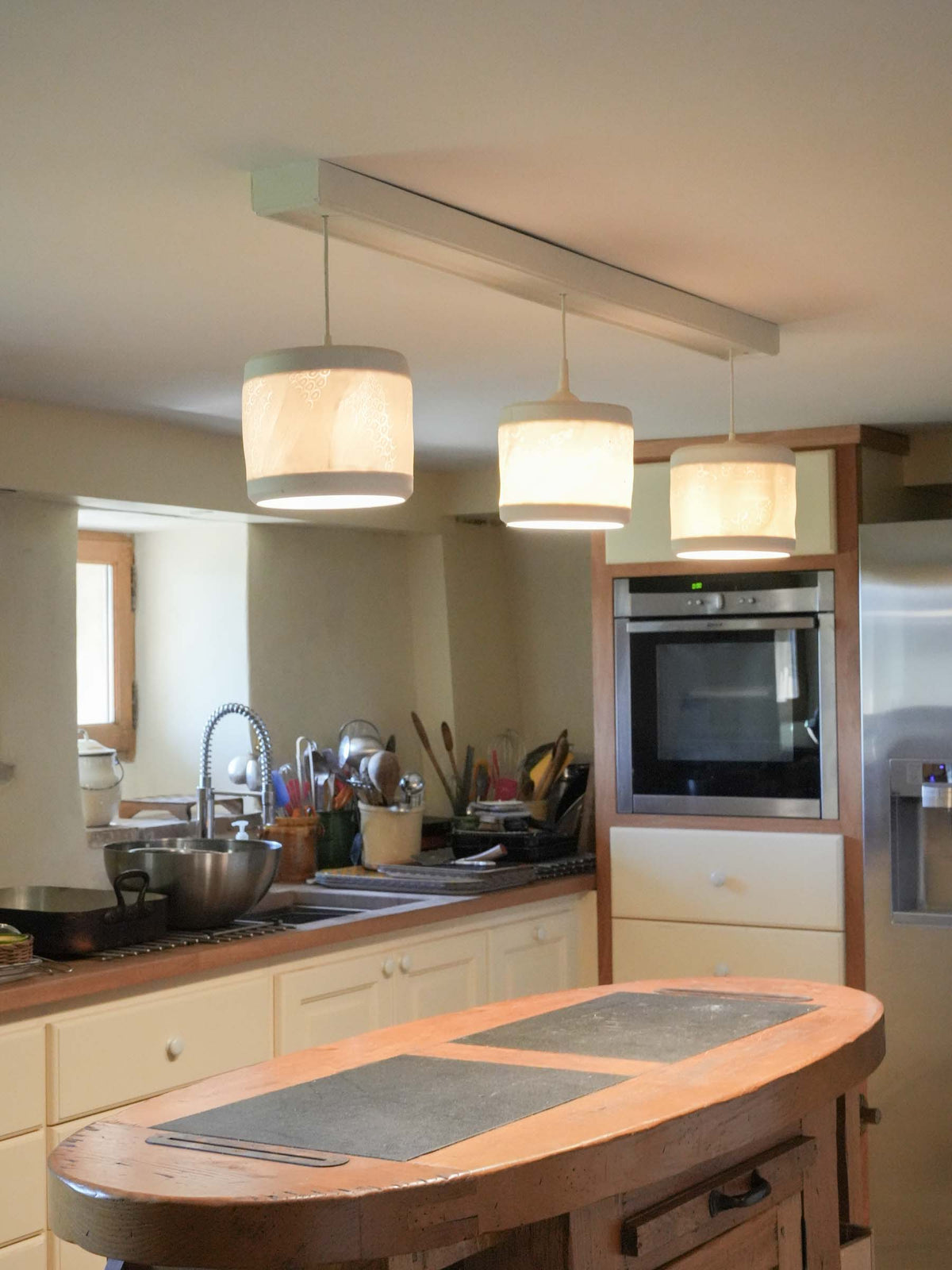 Three Handmade Porcelain Pendant Light Fixtures with Botanical Impressions 13" x 8"