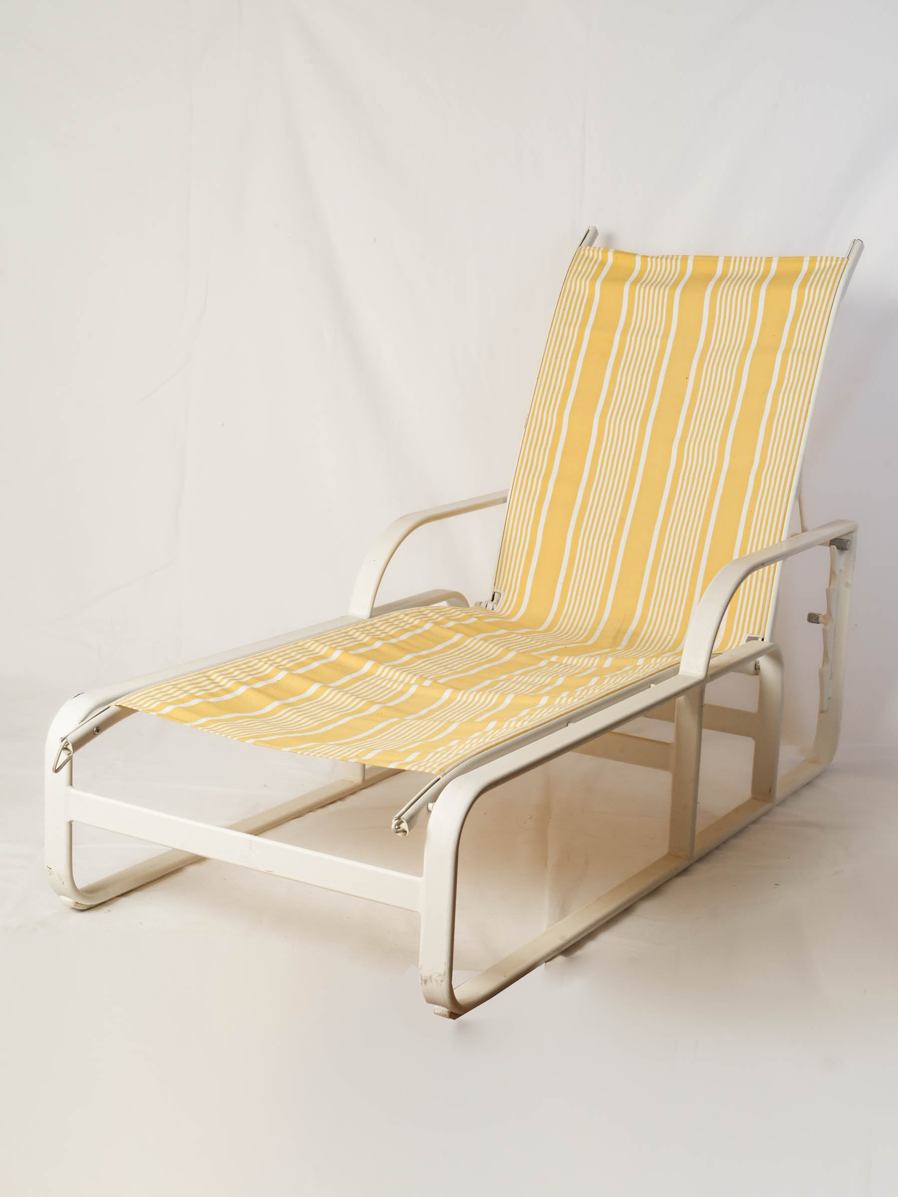 Pair of White Poolside Sun Loungers with Yellow Striped Sling Seats