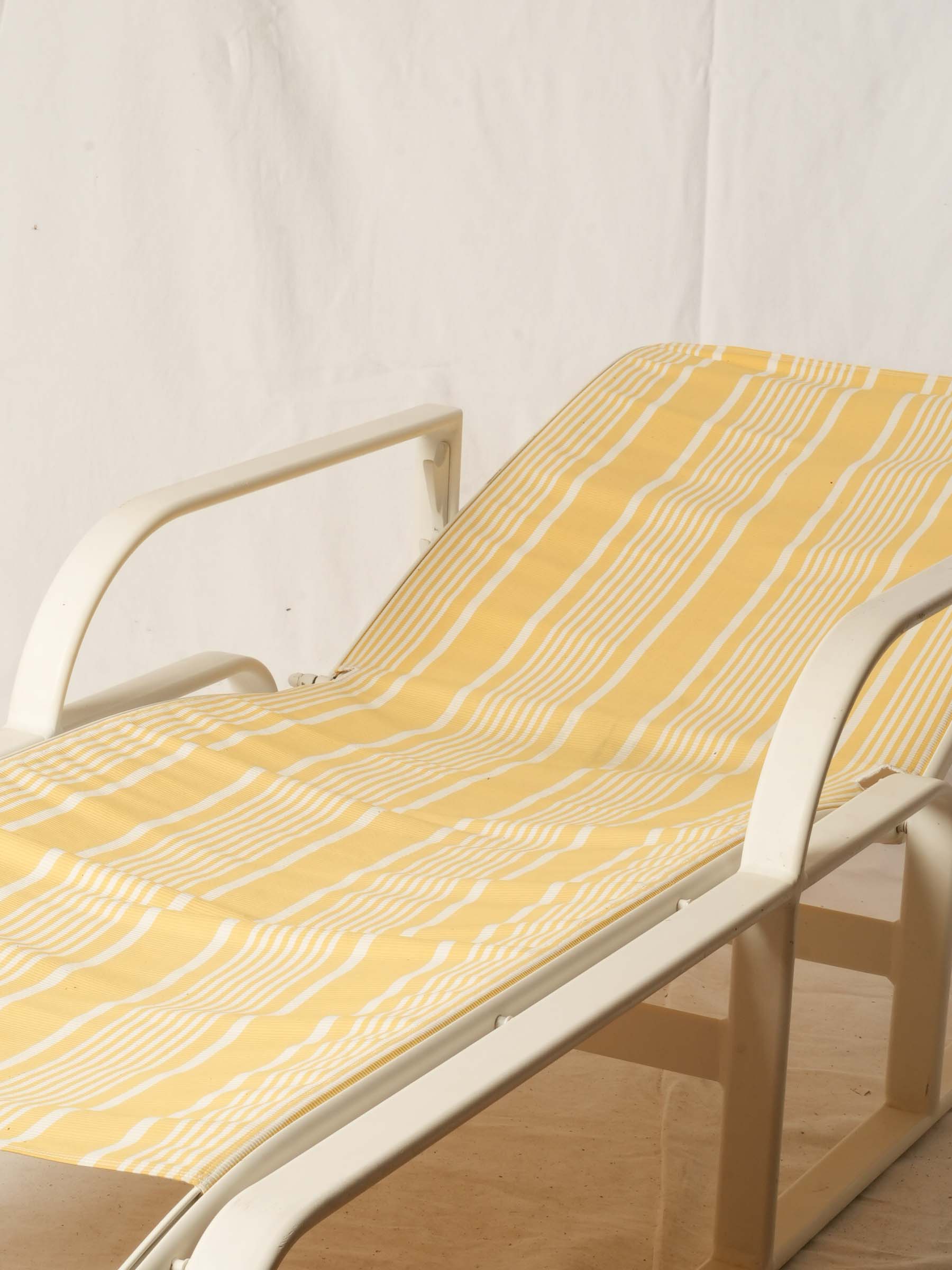 Pair of White Poolside Sun Loungers with Yellow Striped Sling Seats