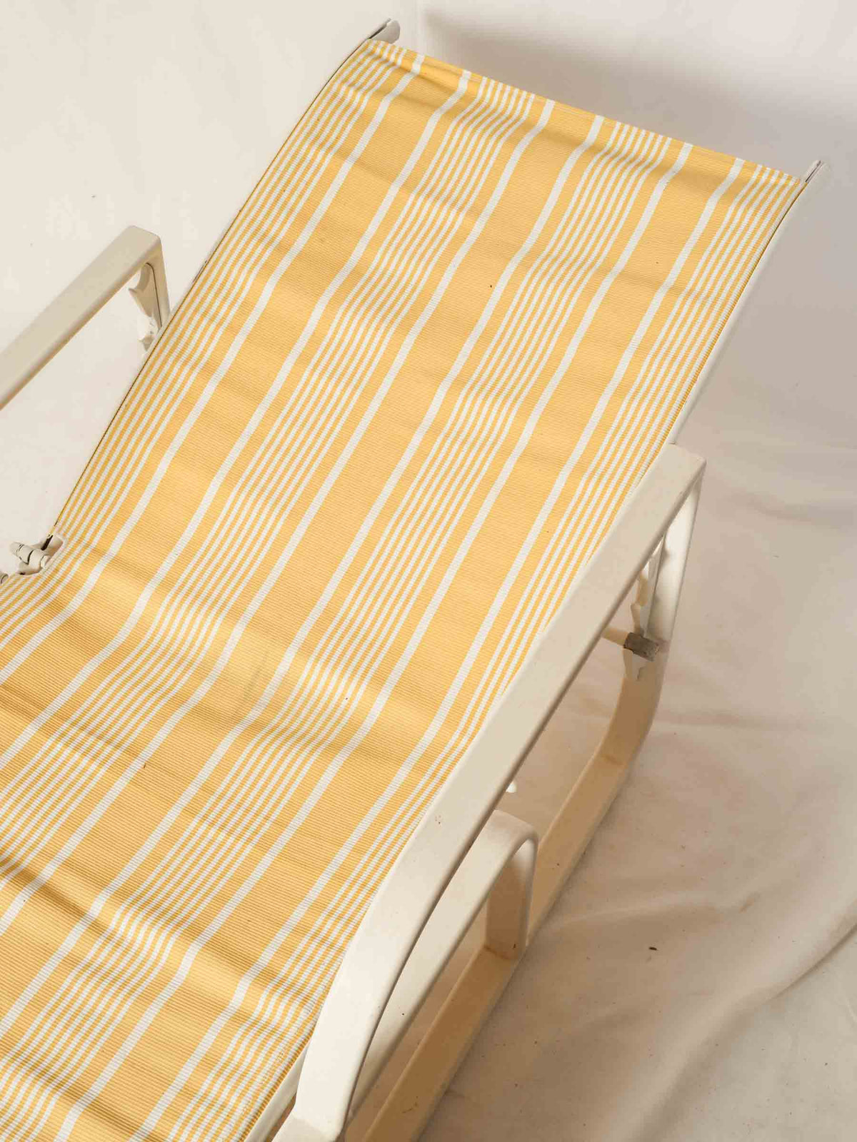 Pair of White Poolside Sun Loungers with Yellow Striped Sling Seats