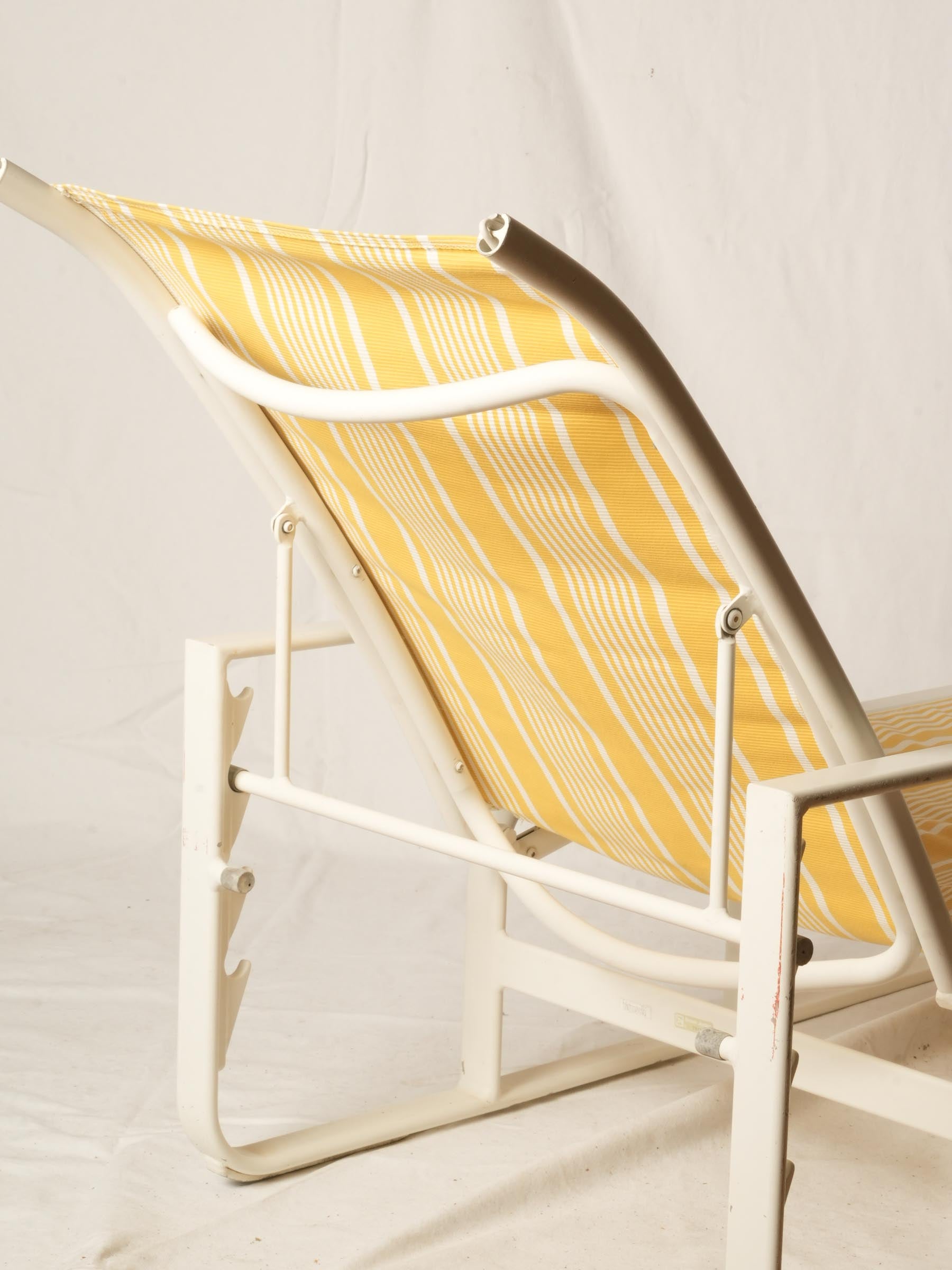 Pair of White Poolside Sun Loungers with Yellow Striped Sling Seats