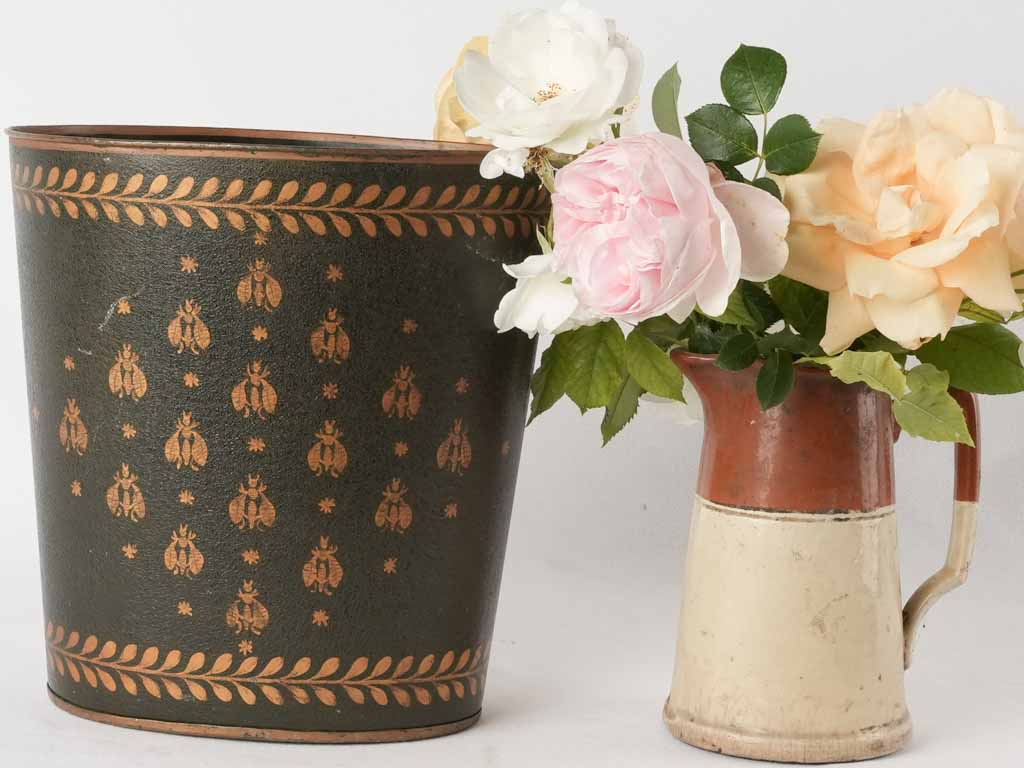 French waste paper bin w/ bees - dark green 11½"