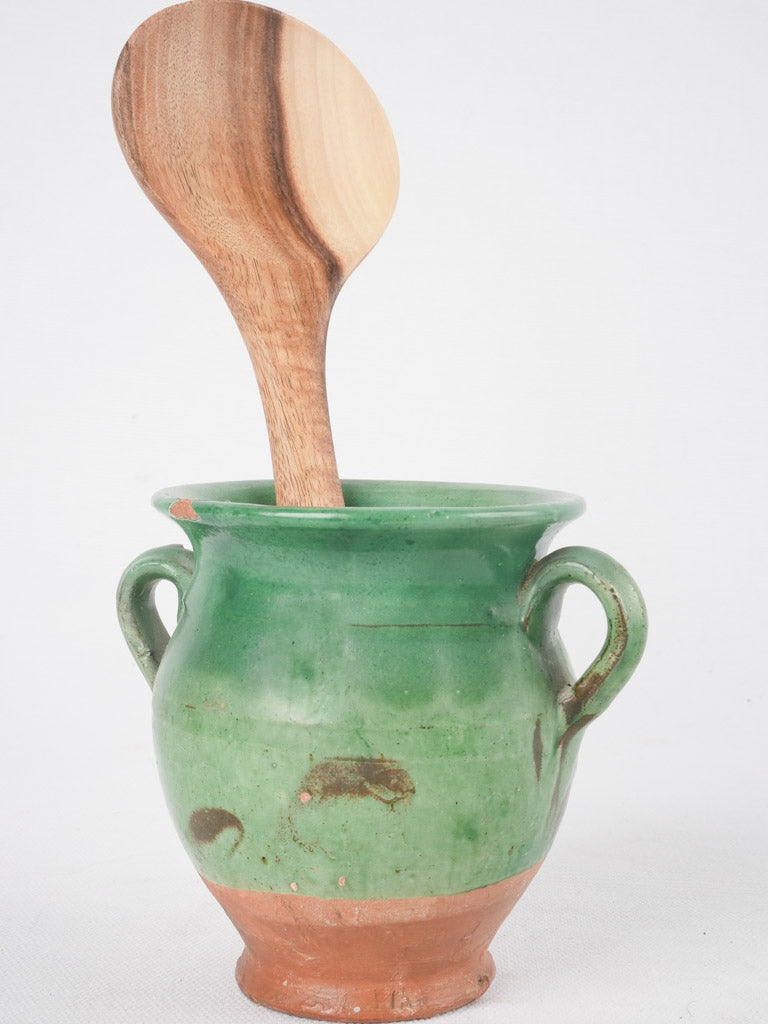 Antique French miniature green confit pot with handle - 4¼"