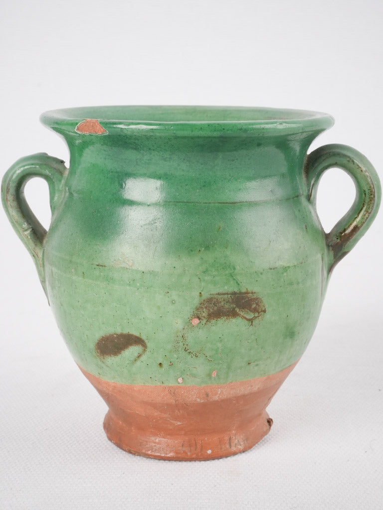 Antique French miniature green confit pot with handle - 4¼"
