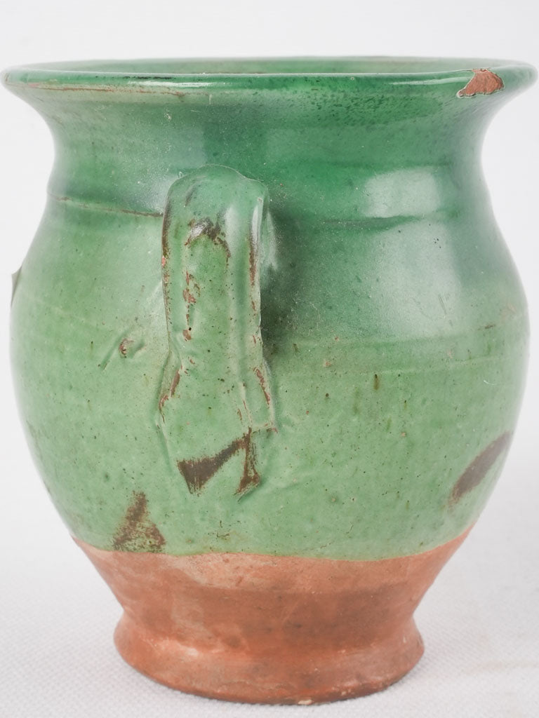 Antique French miniature green confit pot with handle - 4¼"