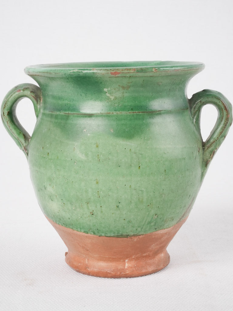 Antique French miniature green confit pot with handle - 4¼"