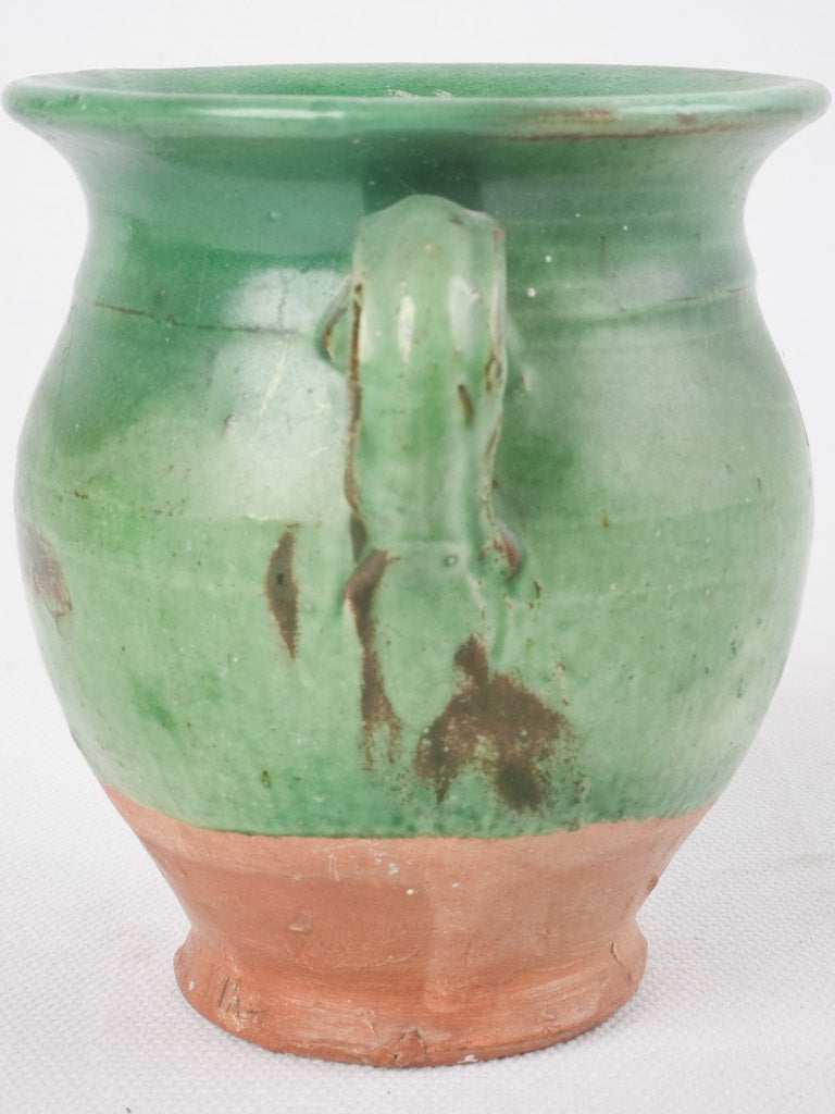 Antique French miniature green confit pot with handle - 4¼"