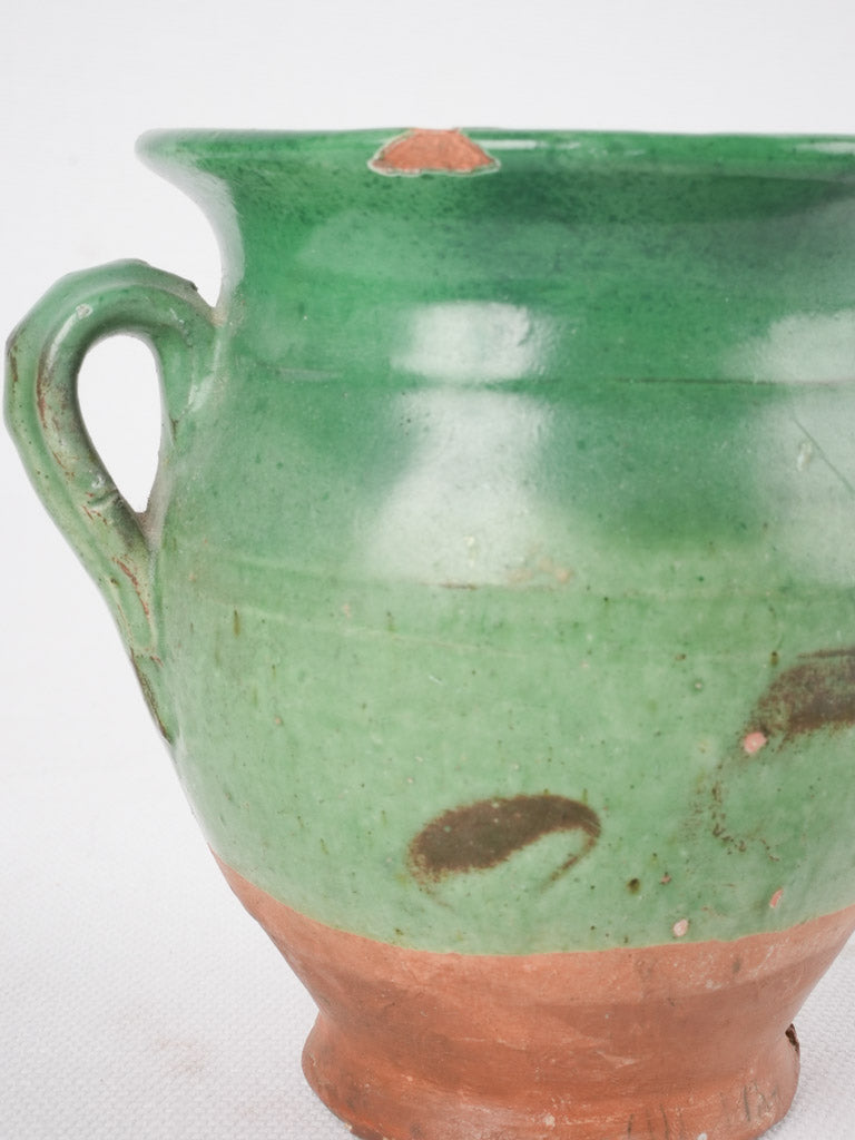 Antique French miniature green confit pot with handle - 4¼"