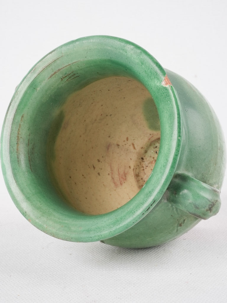 Antique French miniature green confit pot with handle - 4¼"