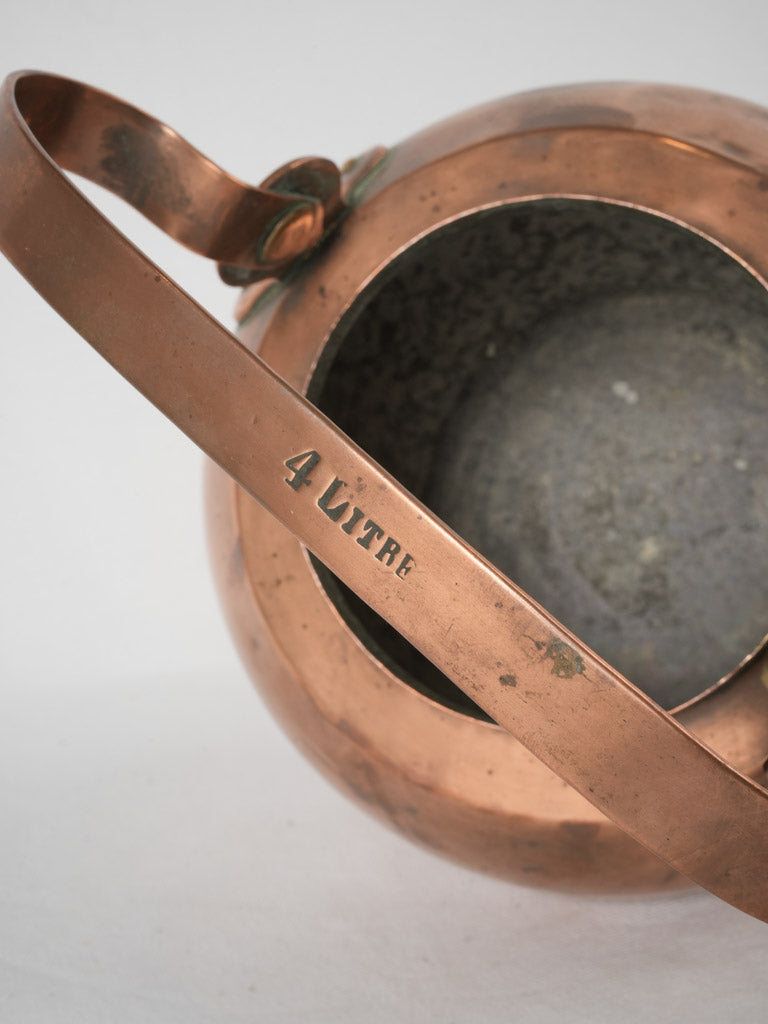 Secure-riveted French vintage copper kettle
