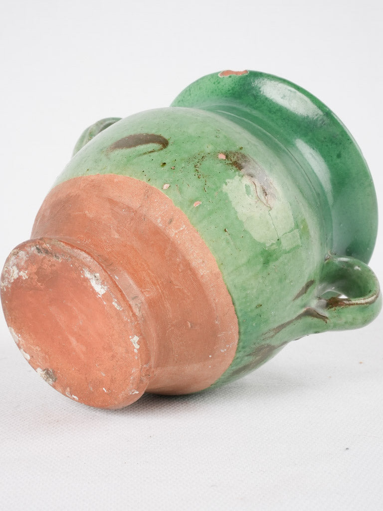 Antique French miniature green confit pot with handle - 4¼"