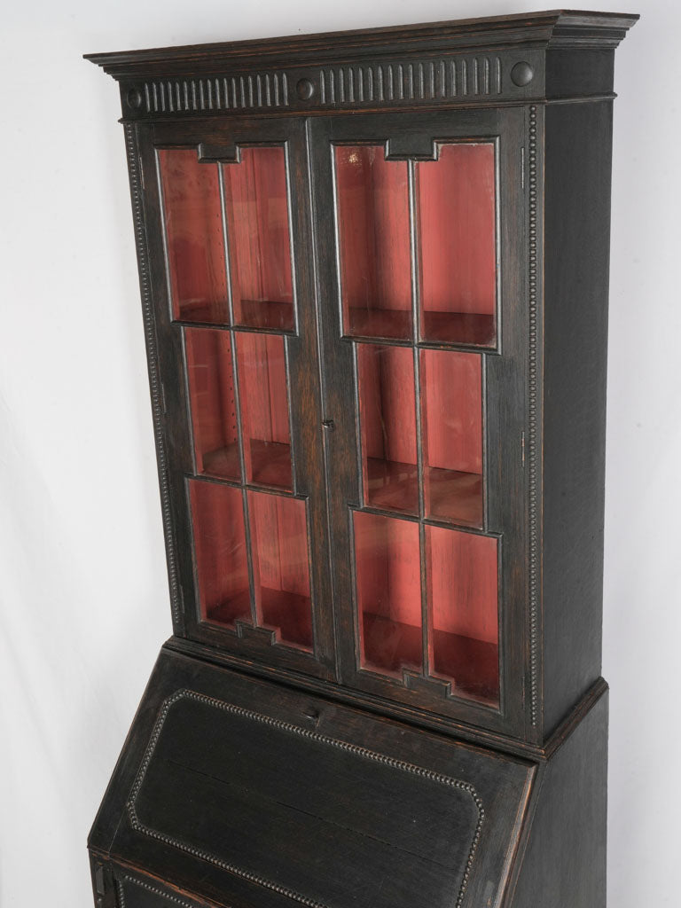 Narrow Black-Painted Early 20th Century Bureau Bookcase w/ Red Interior - 82¾"