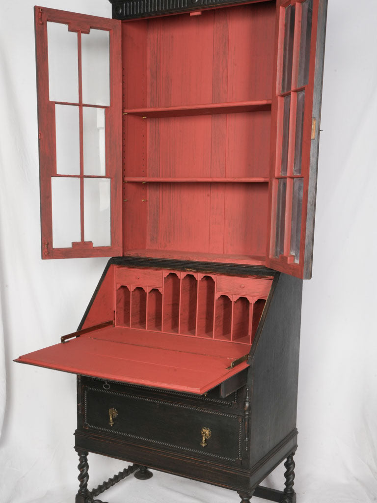 Narrow Black-Painted Early 20th Century Bureau Bookcase w/ Red Interior - 82¾"