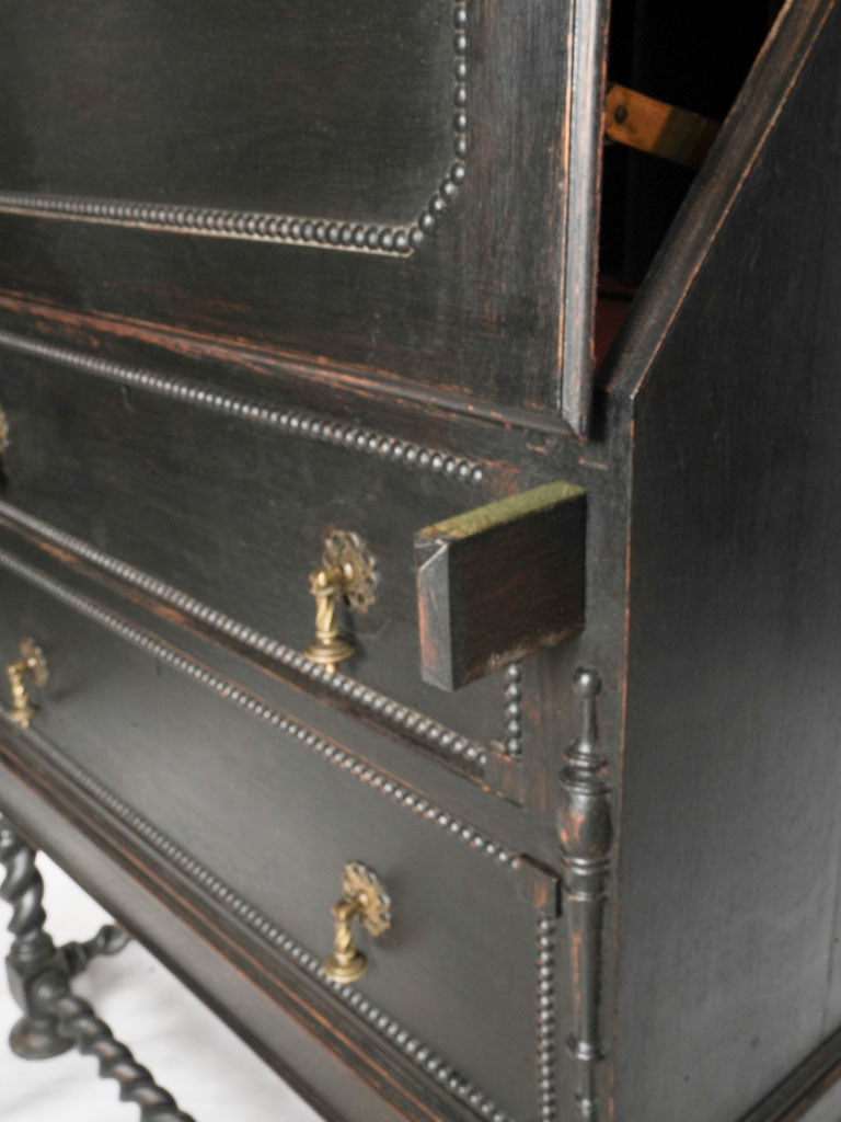 Narrow Black-Painted Early 20th Century Bureau Bookcase w/ Red Interior - 82¾"