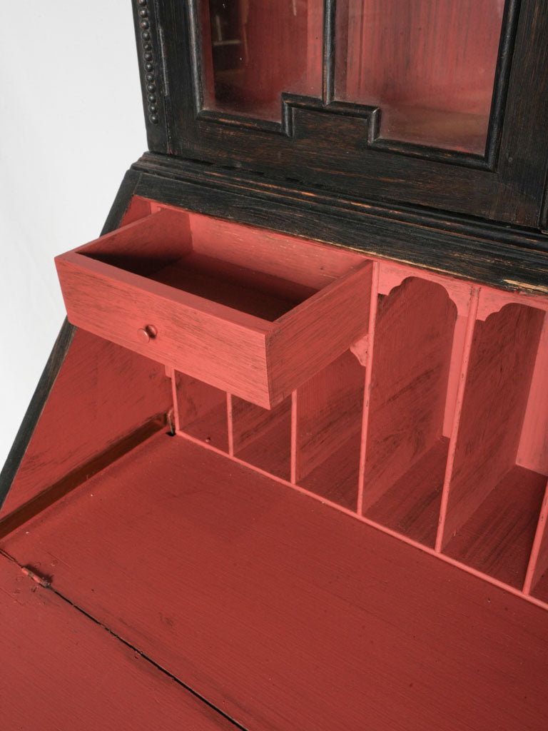 Narrow Black-Painted Early 20th Century Bureau Bookcase w/ Red Interior - 82¾"