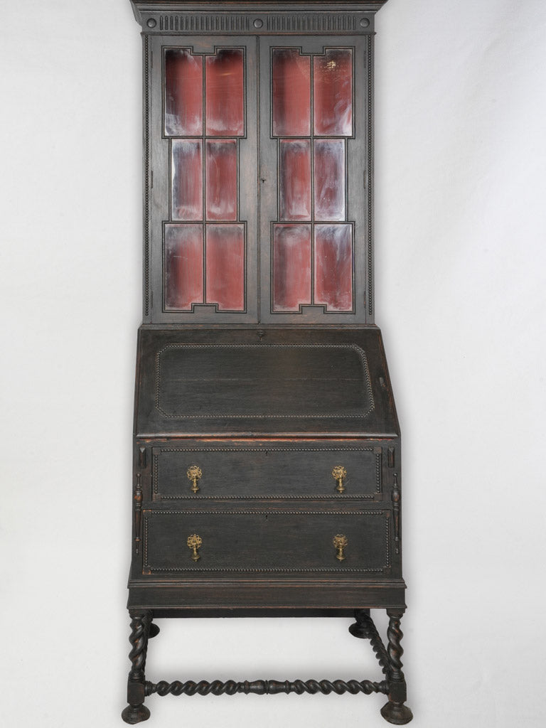 Narrow Black-Painted Early 20th Century Bureau Bookcase w/ Red Interior - 82¾"