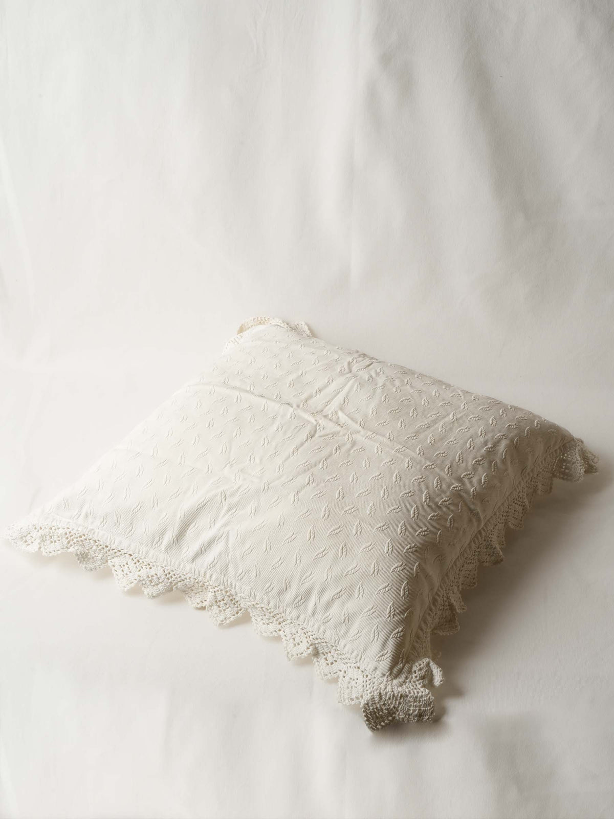 Large Square French Pillowcase w/ White Embroidery & Crochet Lace Border 23¾"