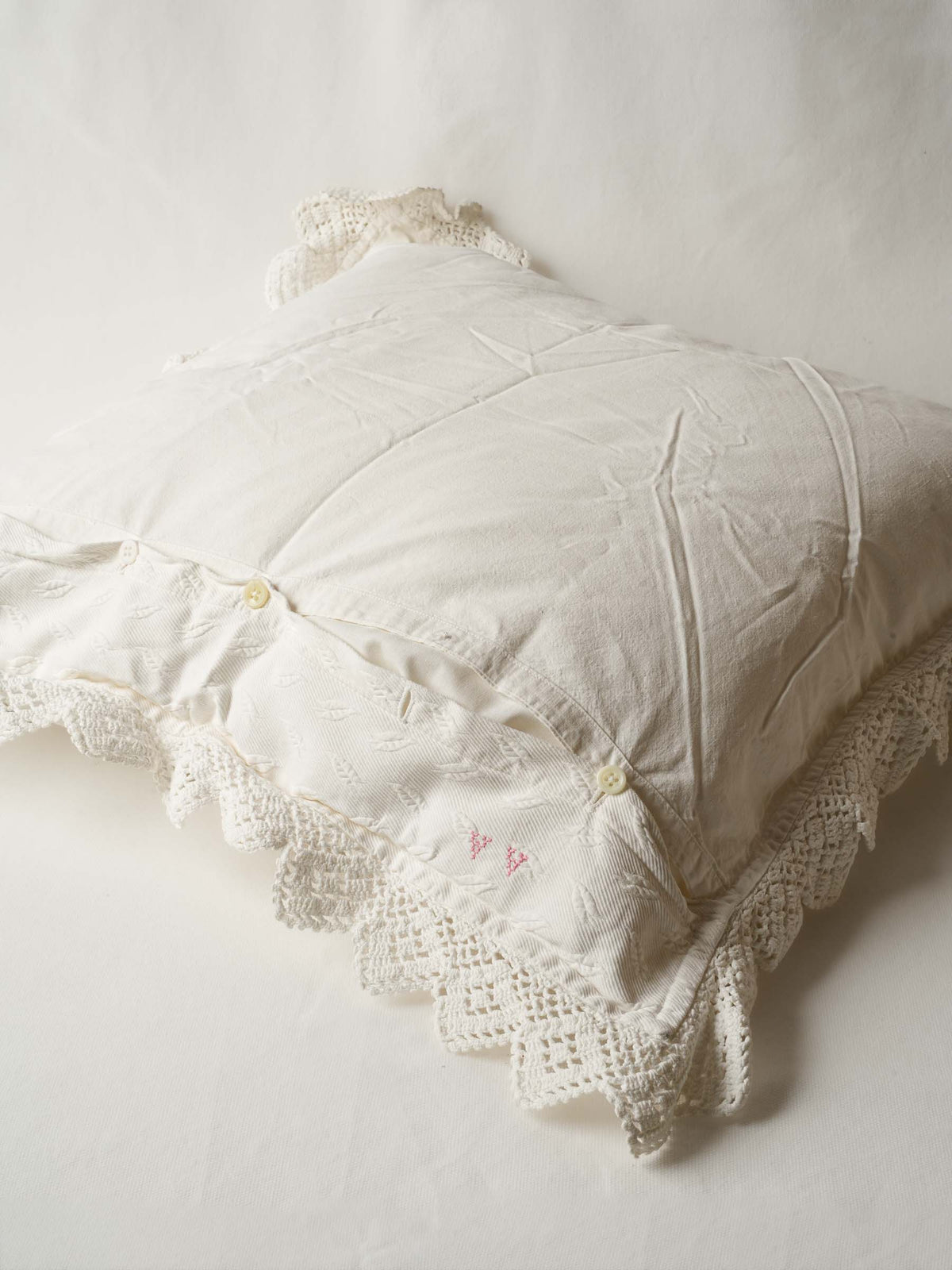 Large Square French Pillowcase w/ White Embroidery & Crochet Lace Border 23¾"