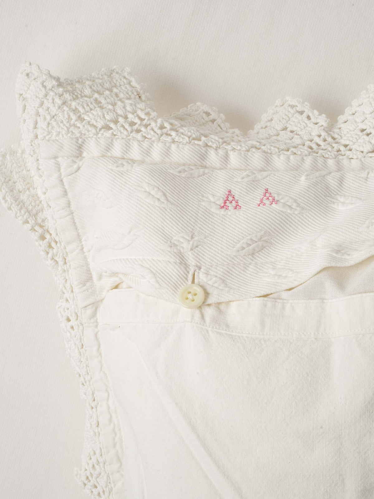 Large Square French Pillowcase w/ White Embroidery & Crochet Lace Border 23¾"