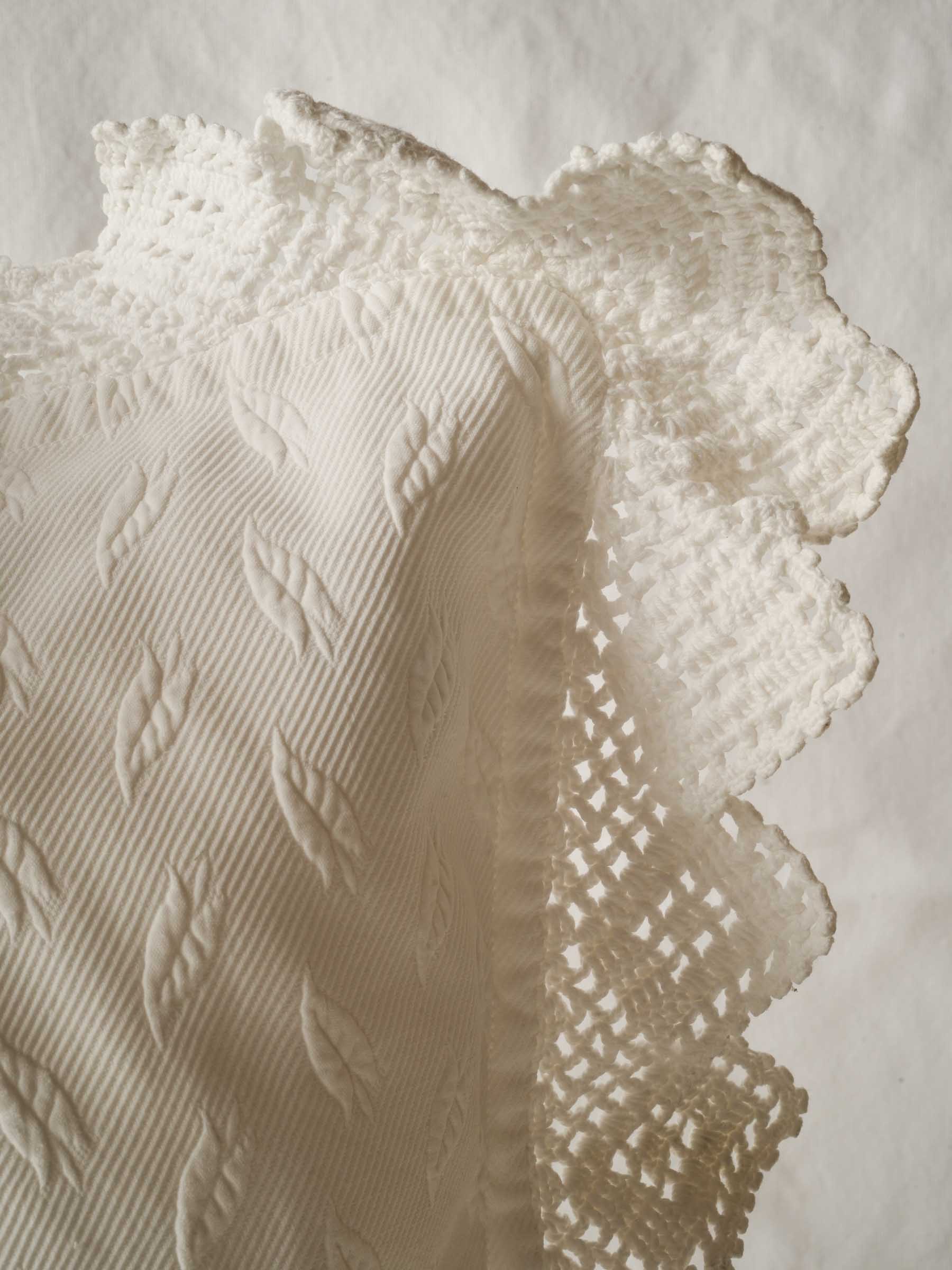 Large Square French Pillowcase w/ White Embroidery & Crochet Lace Border 23¾"