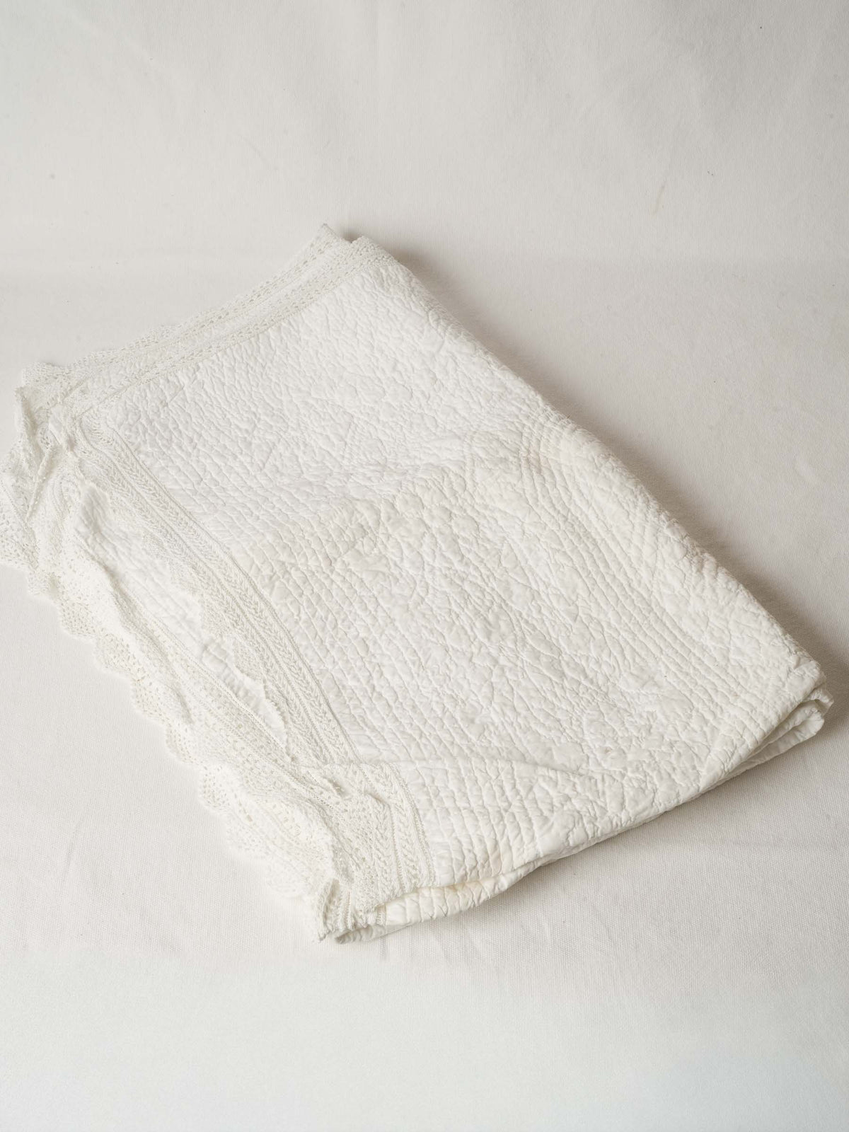 Vintage French White Cotton Single Bedspread with Crochet Border - 52" x 63"