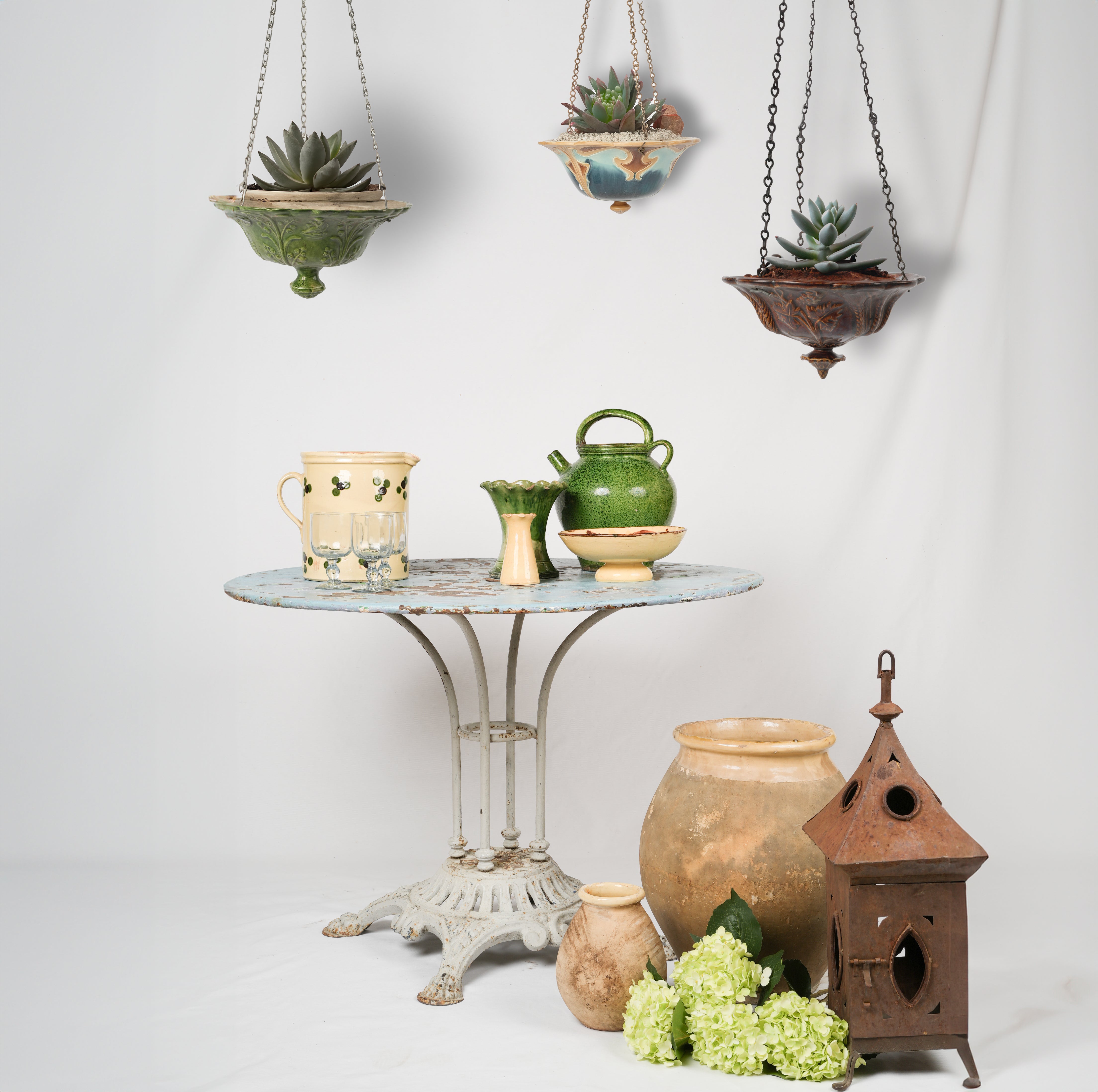 Rustic antique French terracotta hanging flower pot - green 5"