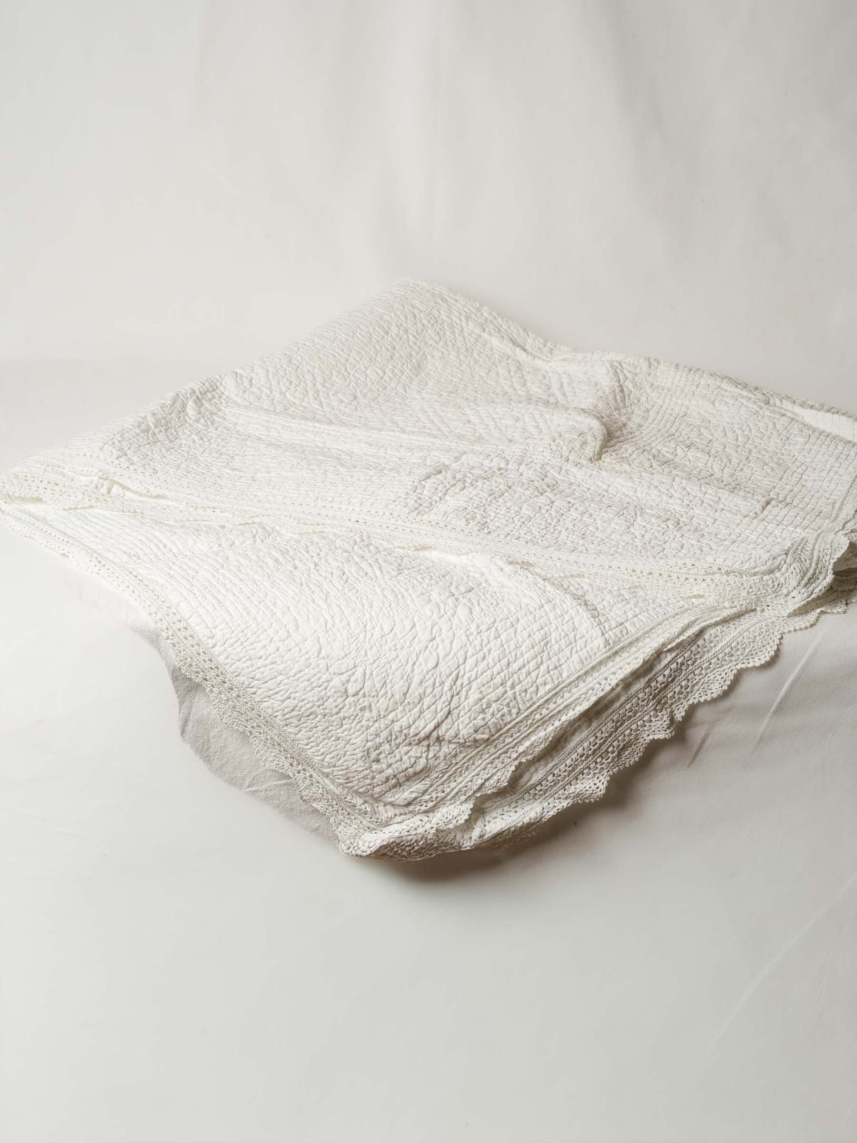 Vintage French White Cotton Single Bedspread with Crochet Border - 52" x 63"