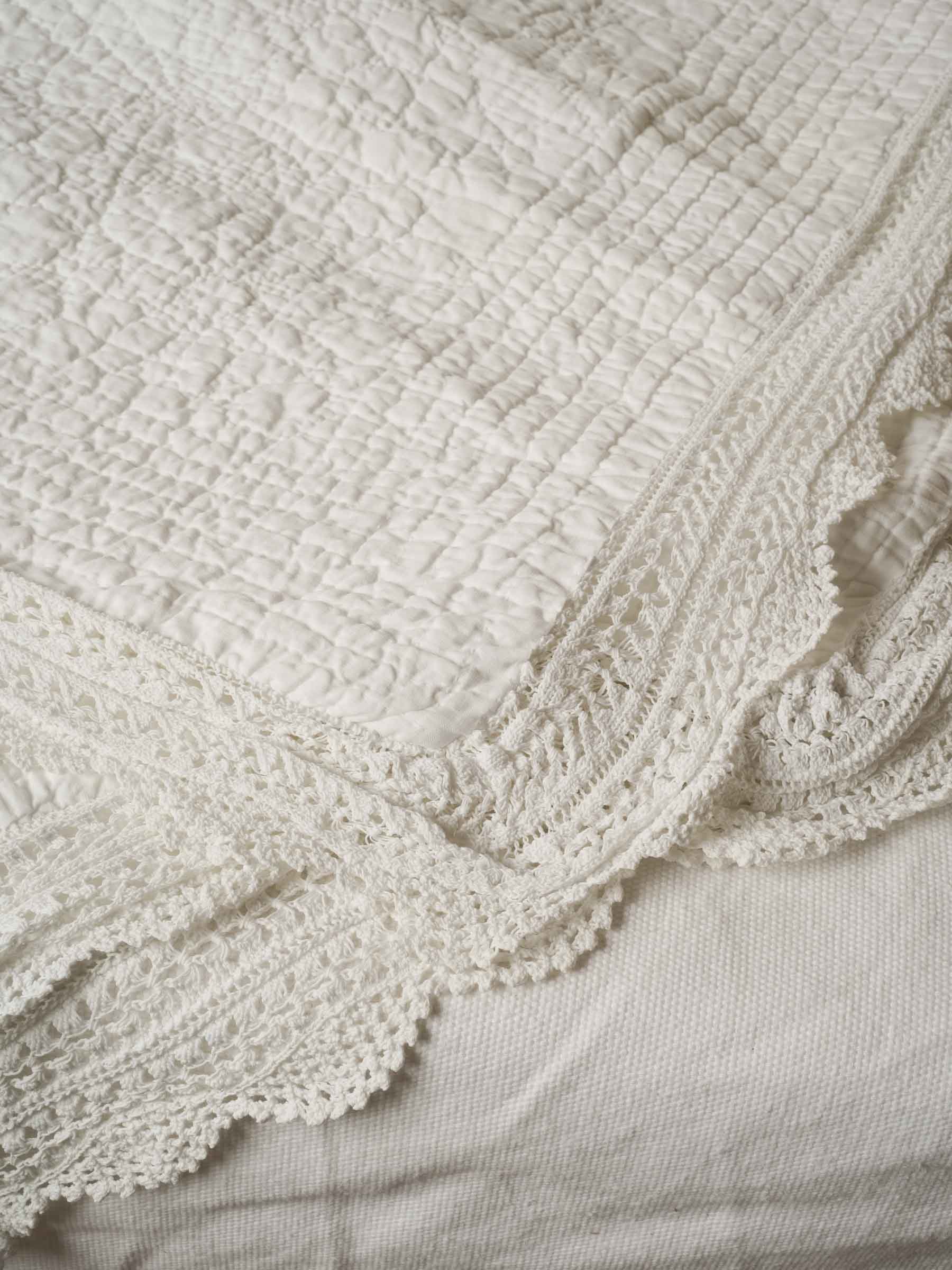 Vintage French White Cotton Single Bedspread with Crochet Border - 52" x 63"