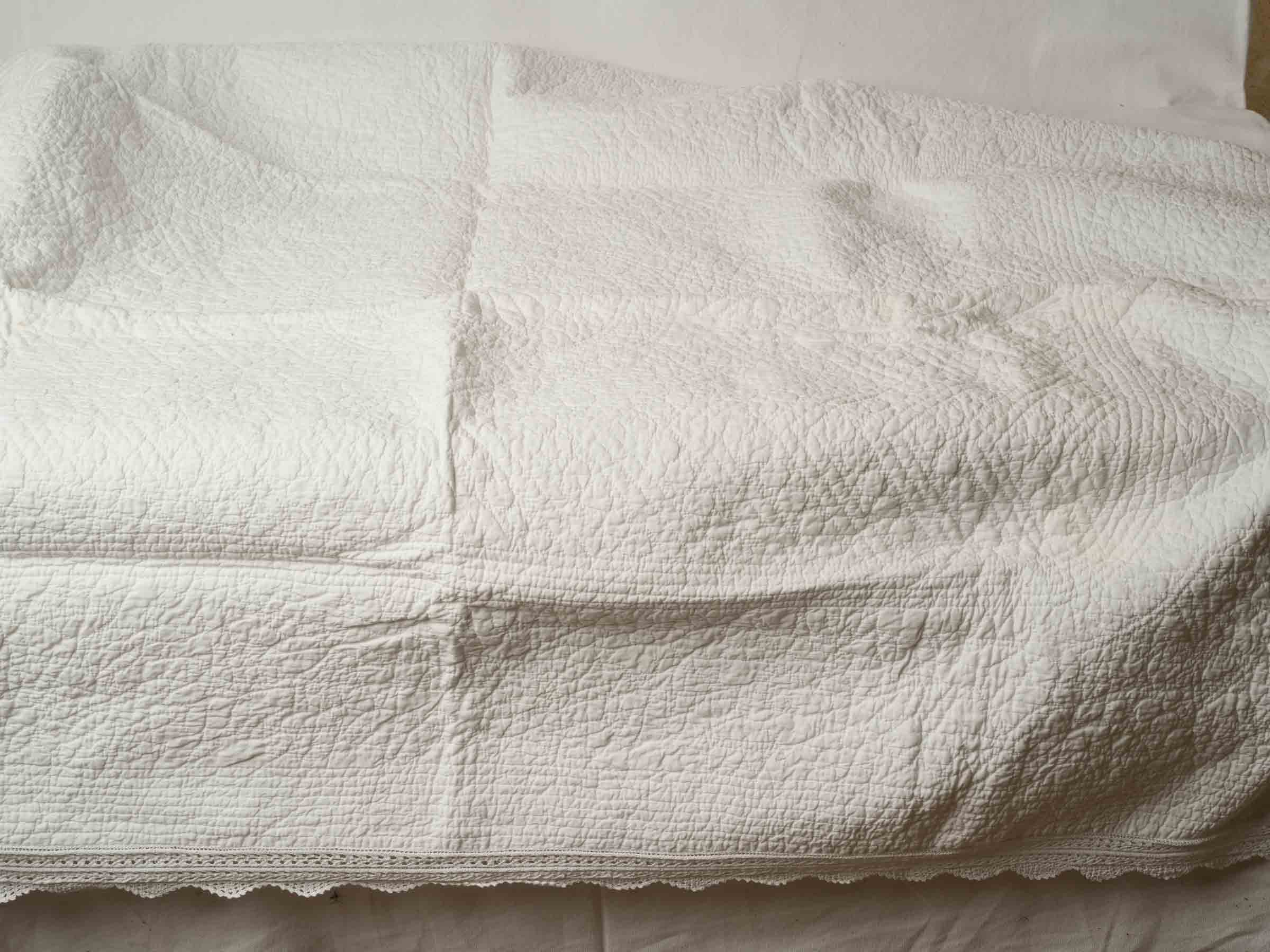 Vintage French White Cotton Single Bedspread with Crochet Border - 52" x 63"