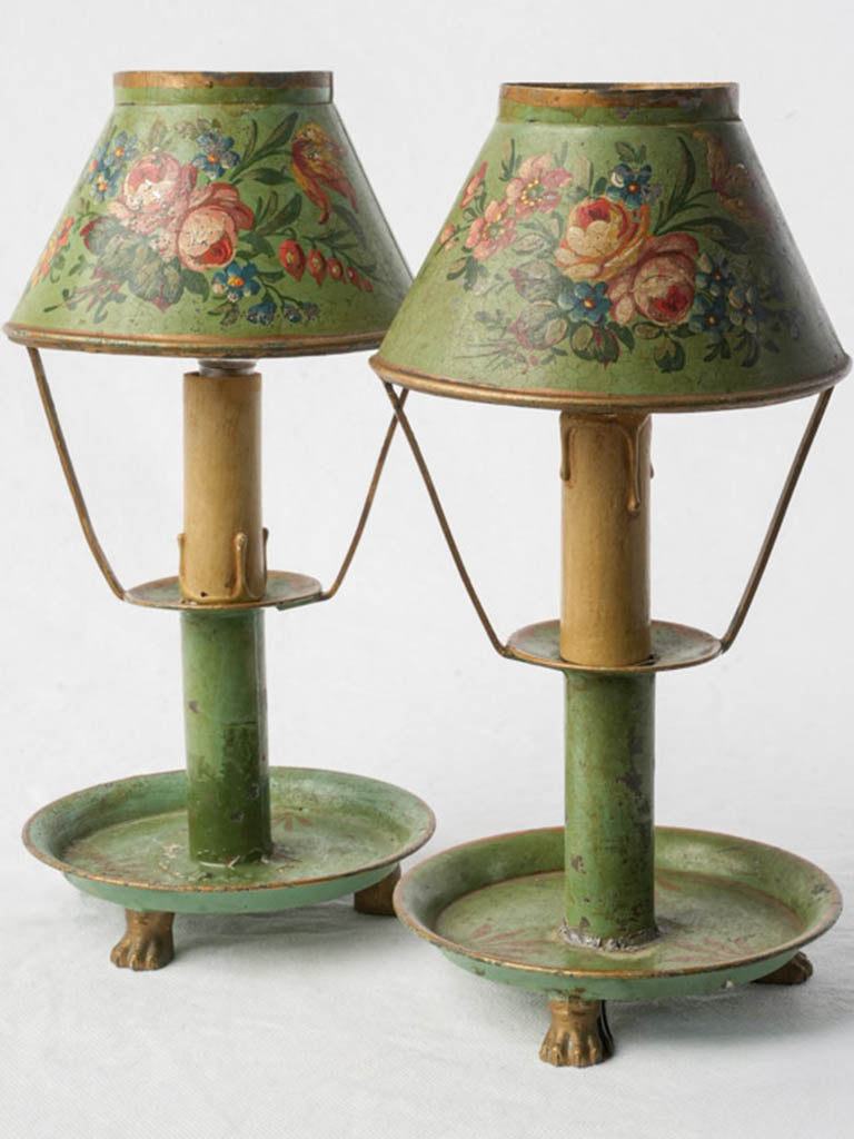 Antique floral-painted metal lamps