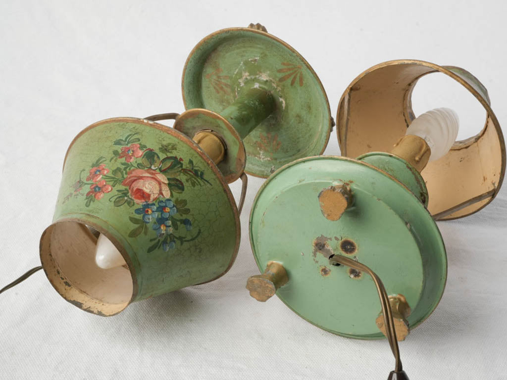 Scuffed, patinaed metal table lamps