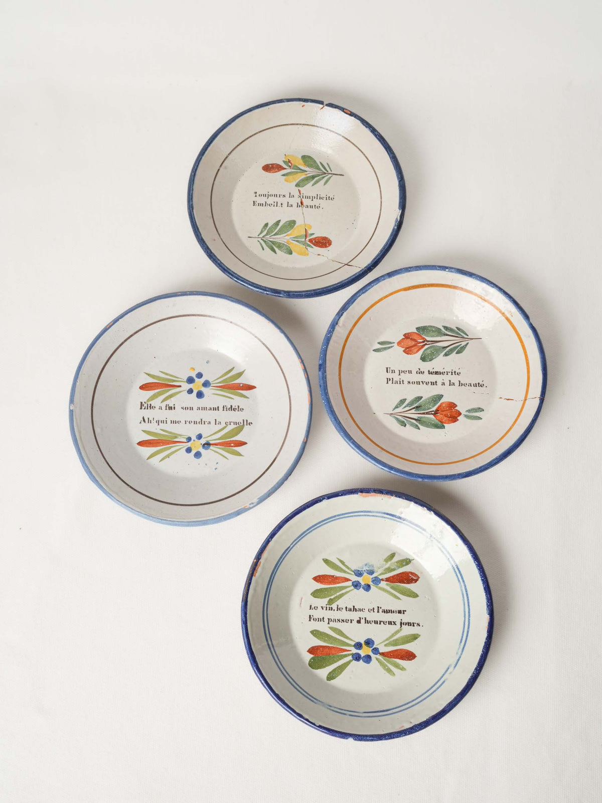 Set of 4 Antique French Hand-Painted Ceramic Dessert Plates 7½"