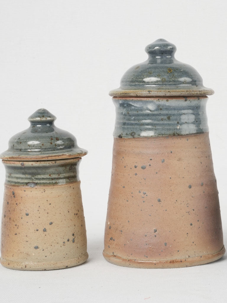 Charming aged French lidded stoneware vessels