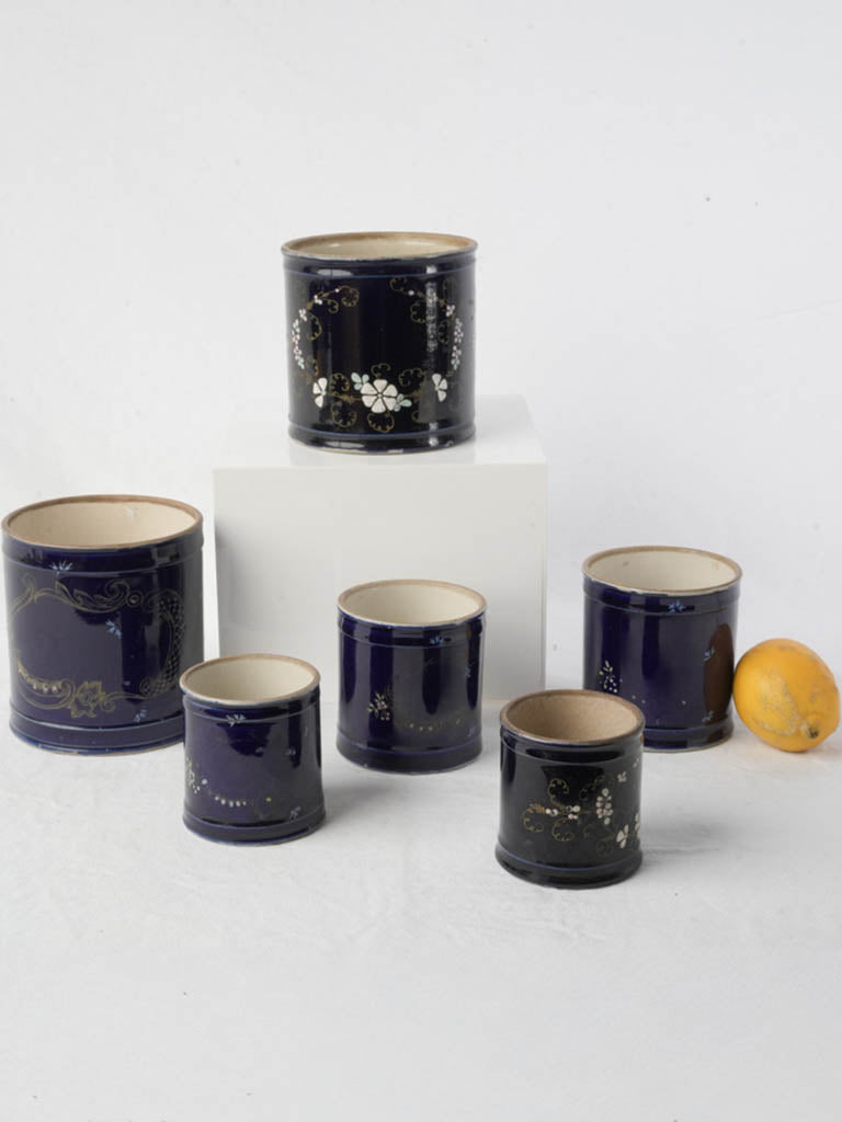 Charming Set of Six Antique Small Ceramic Pots in Midnight Blue - 5"